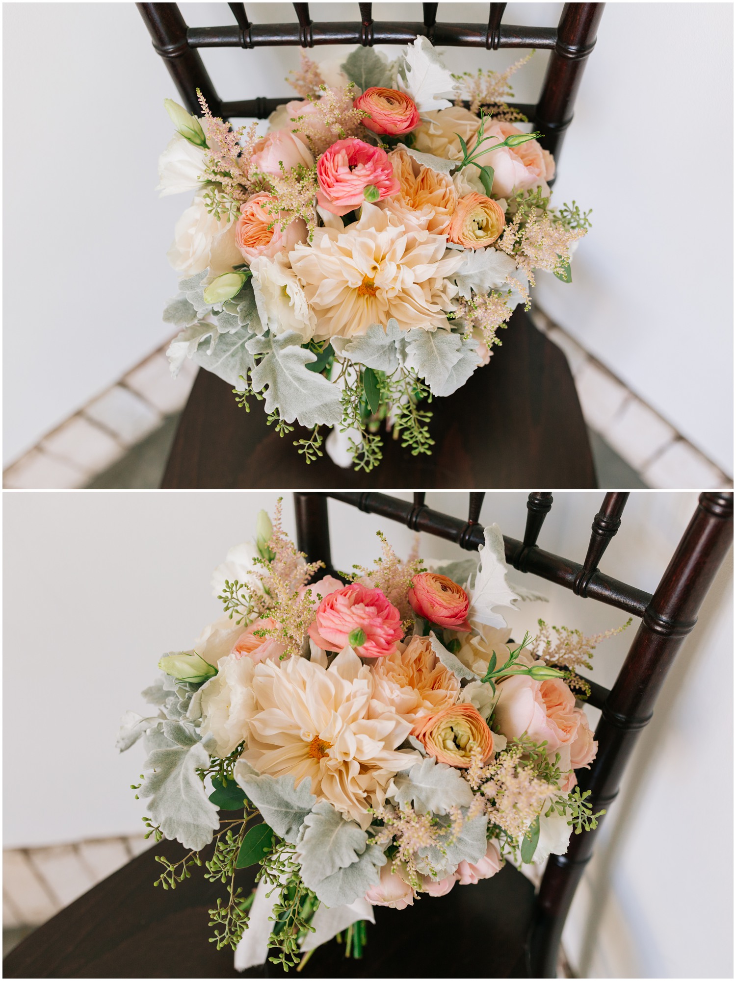 coral and pastel bouquet photographed at Wrightsville Manor