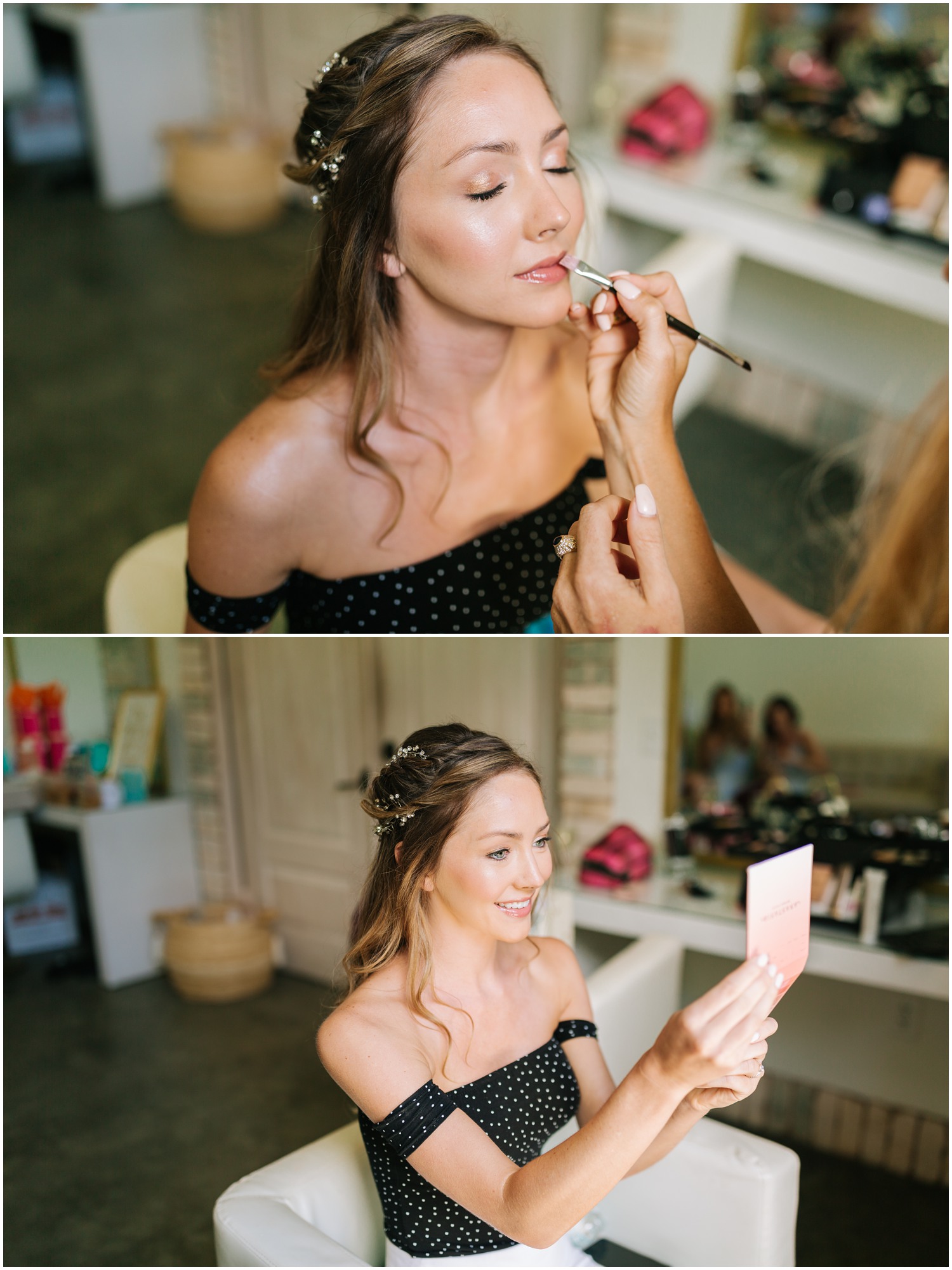 bride has makeup done before Wrightsville Manor wedding