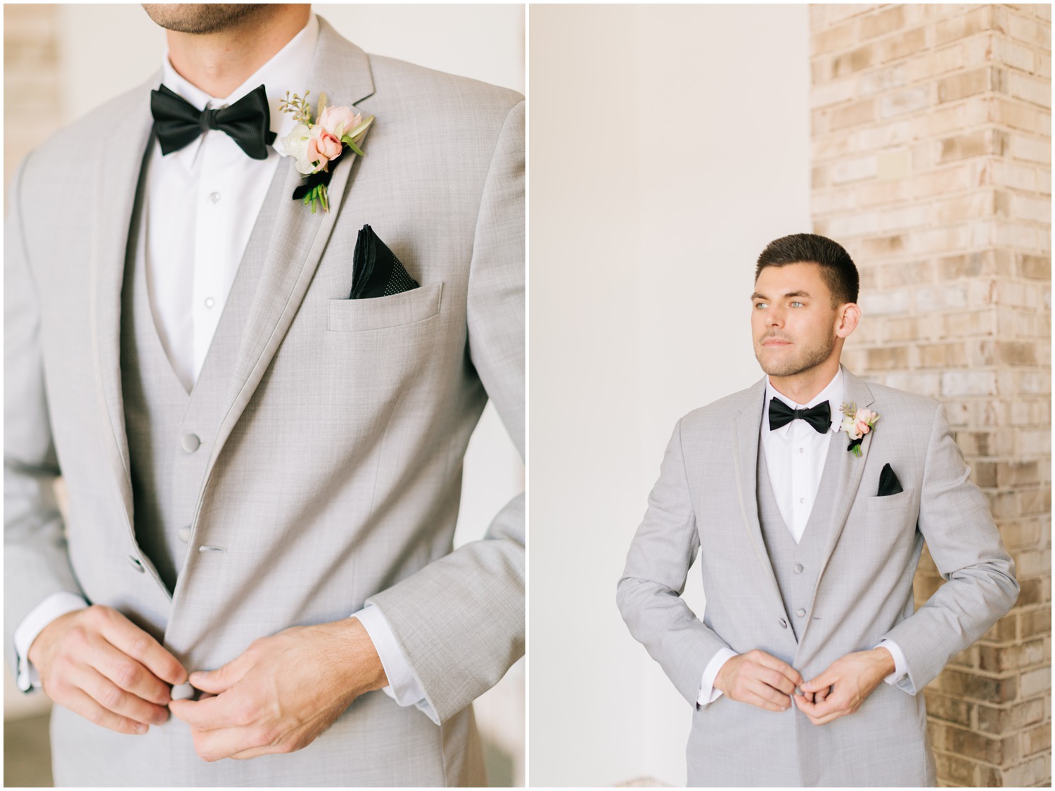 groom in grey suit with black tie and pocket square 