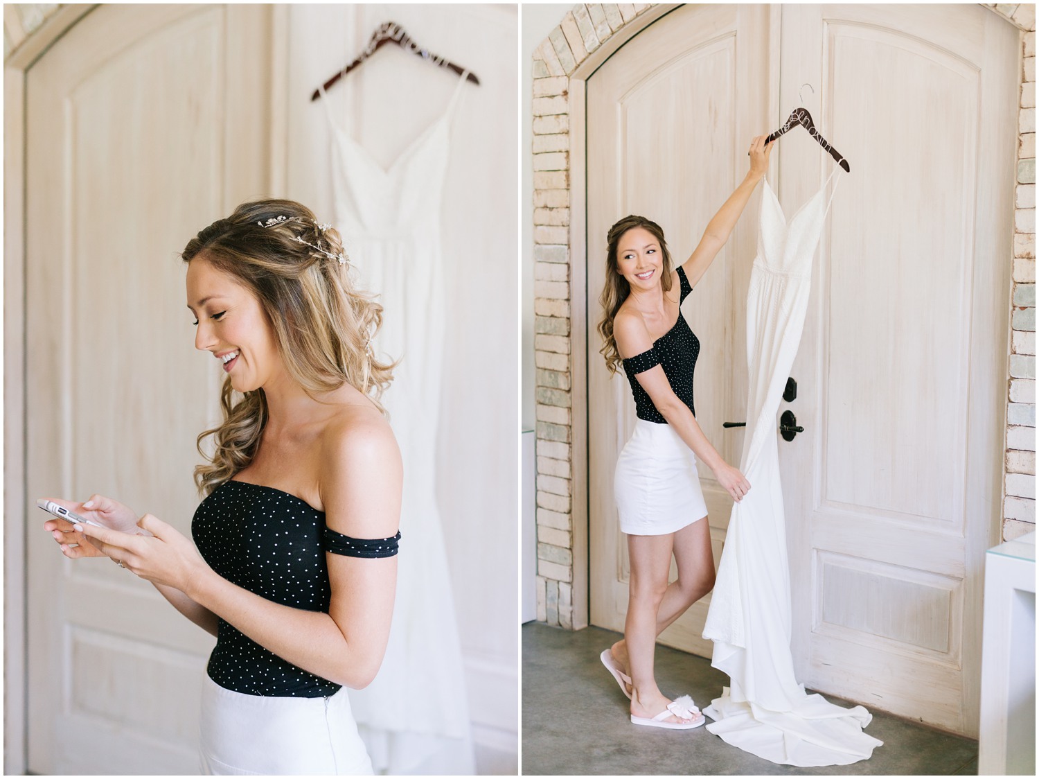 North Carolina bride looks at wedding dress in bridal suite at Wrightsville Manor