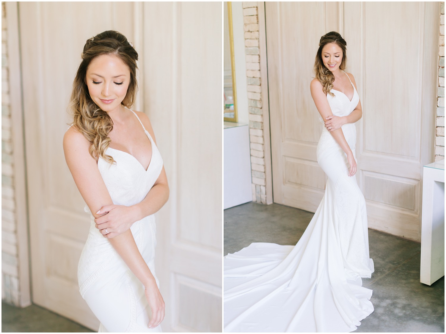 bride holds arm and looks down at floor during portraits at Wrightsville Manor