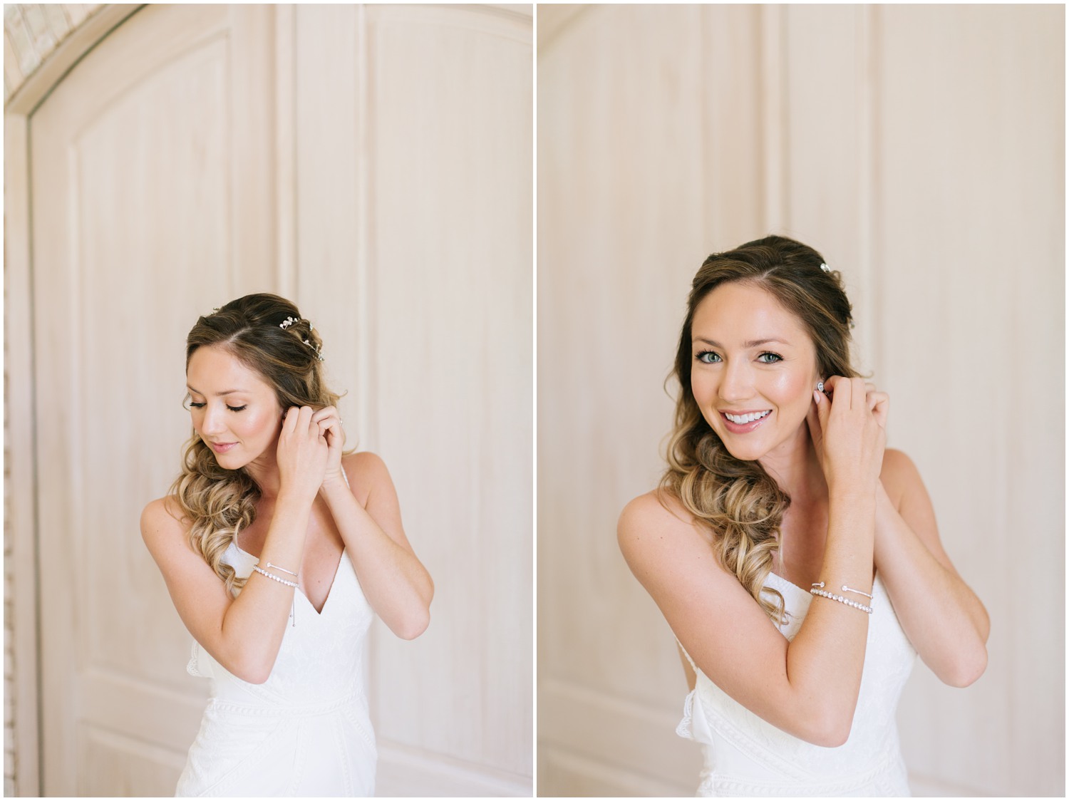 Wilmington NC bride adjusts earring before wedding