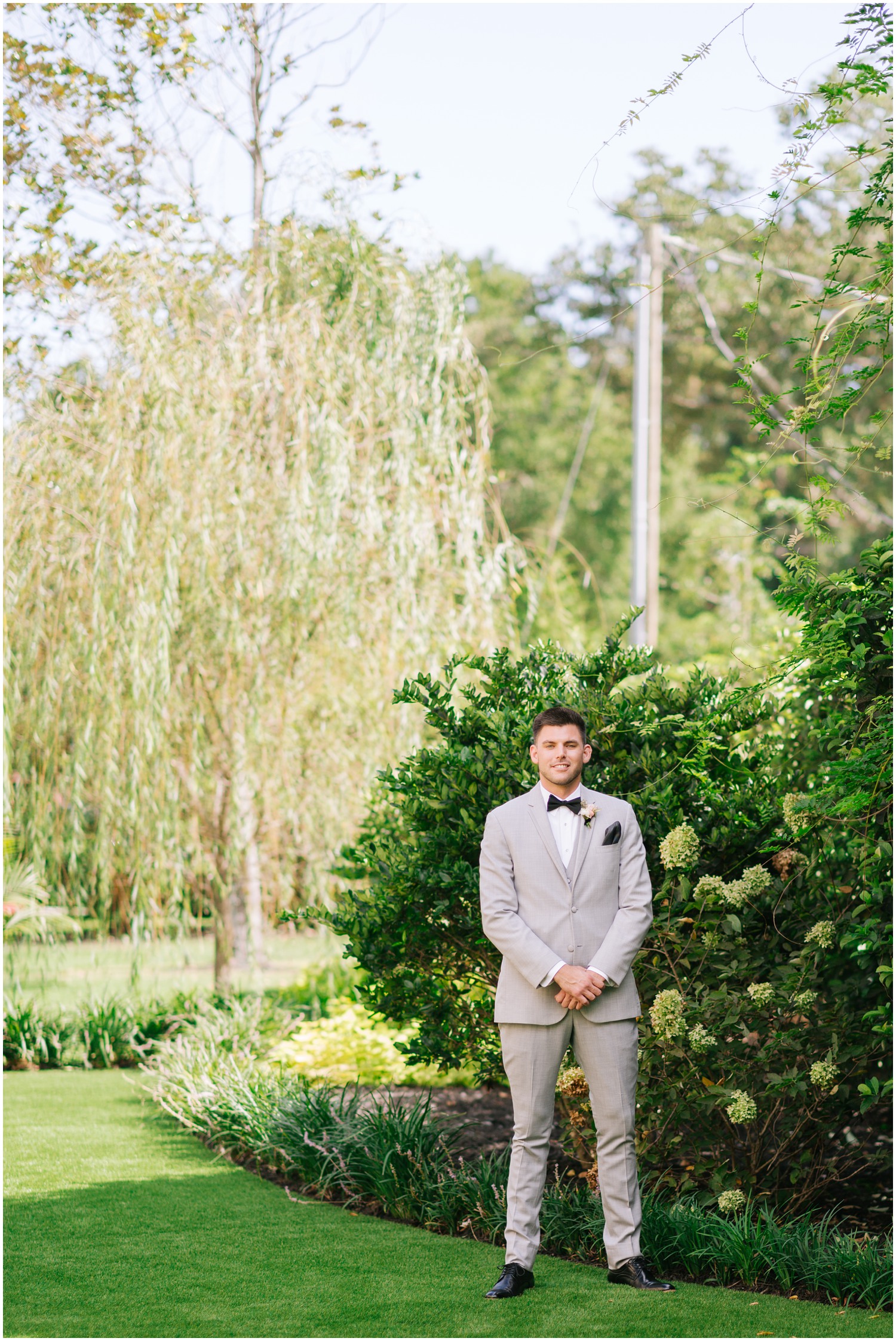 groom waits for bride before NC wedding day first look