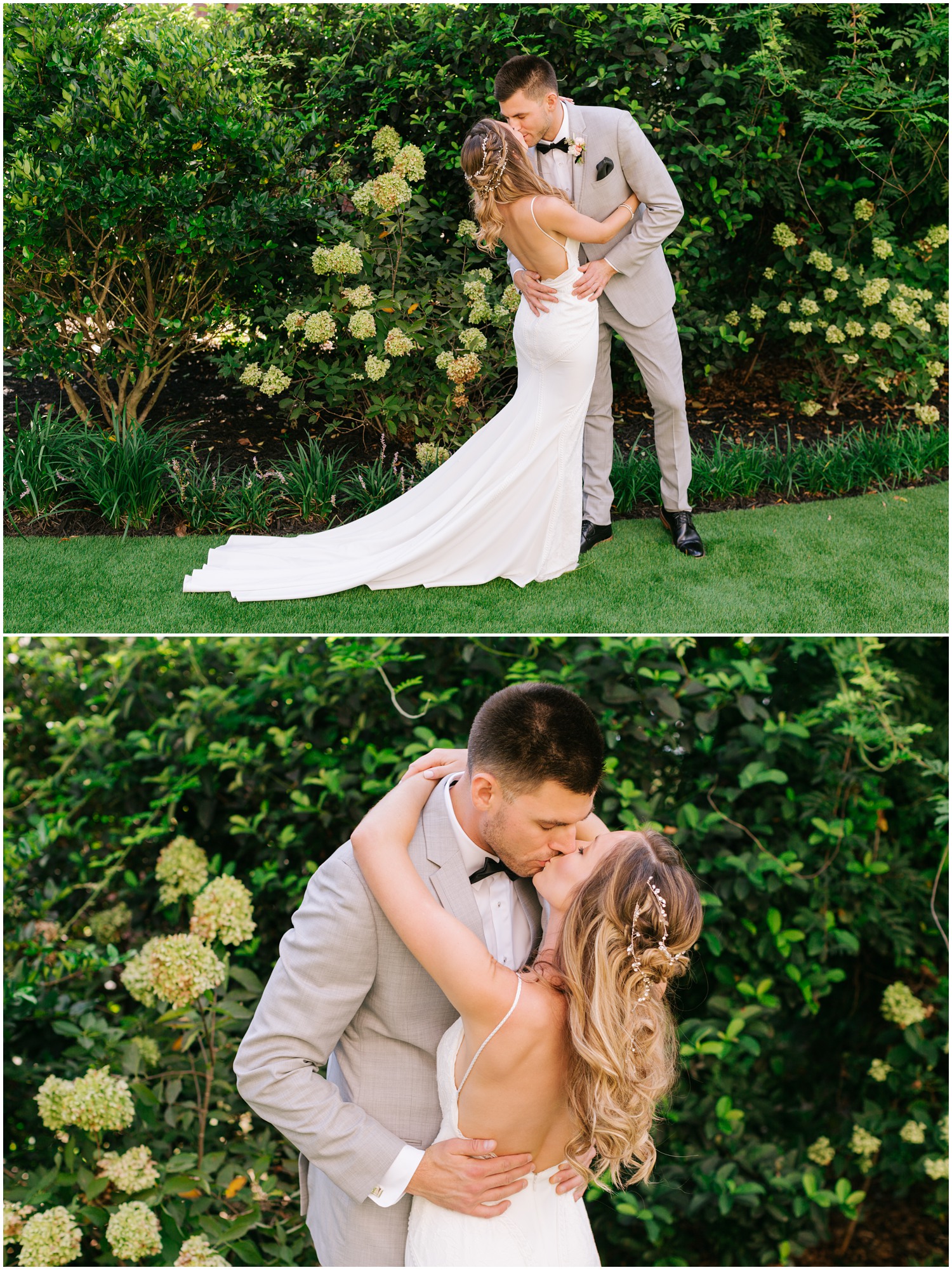 summer wedding portraits of bride and groom kissing in gardens of Wrightsville Manor 