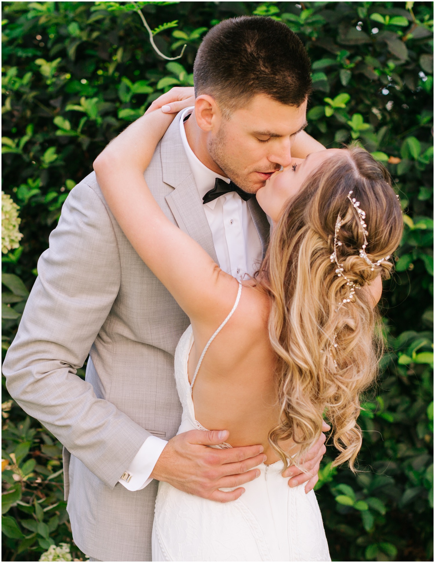 summer wedding portraits of bride and groom in gardens