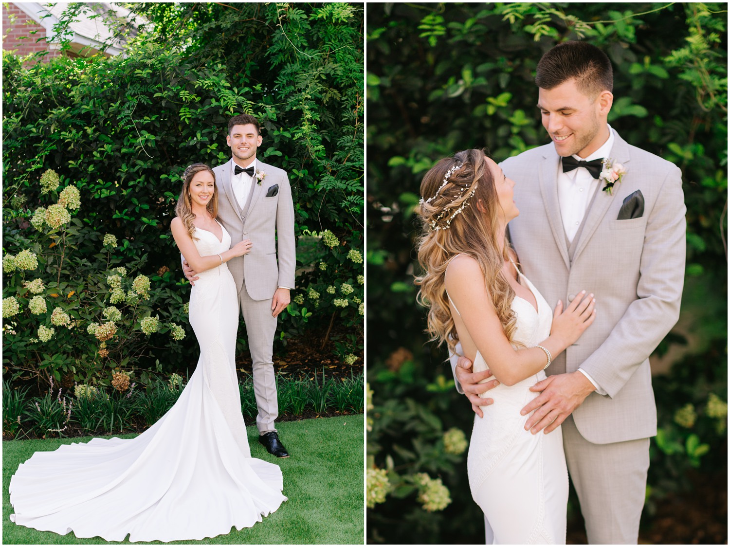 summer wedding portraits in gardens at Wrightsville Manor