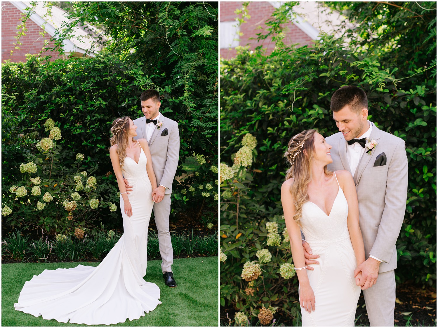 bride holds groom's hand and looks up at him during garden wedding portraits in Wilmington NC