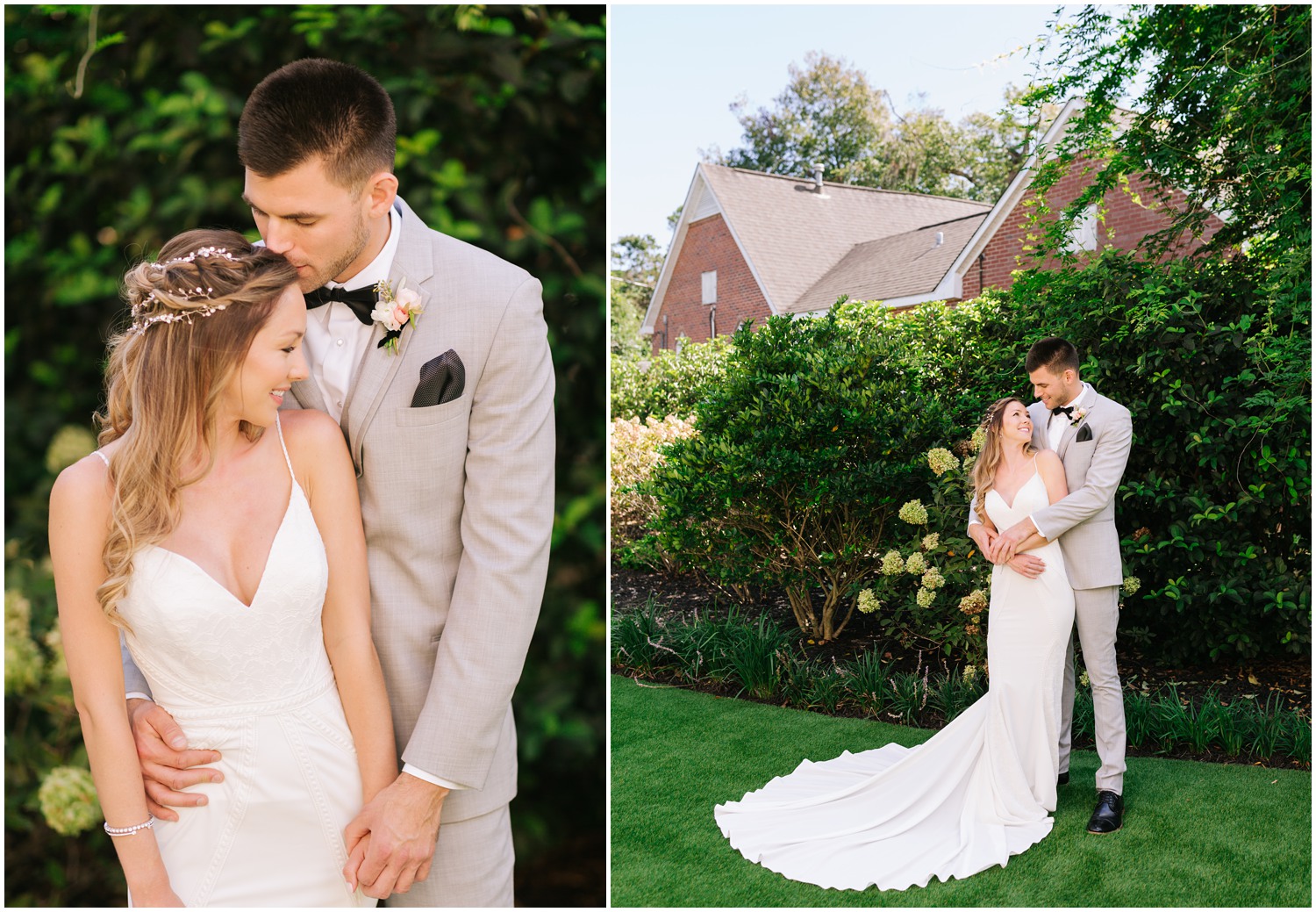 bride and groom pose after first look in Wilmington NC 