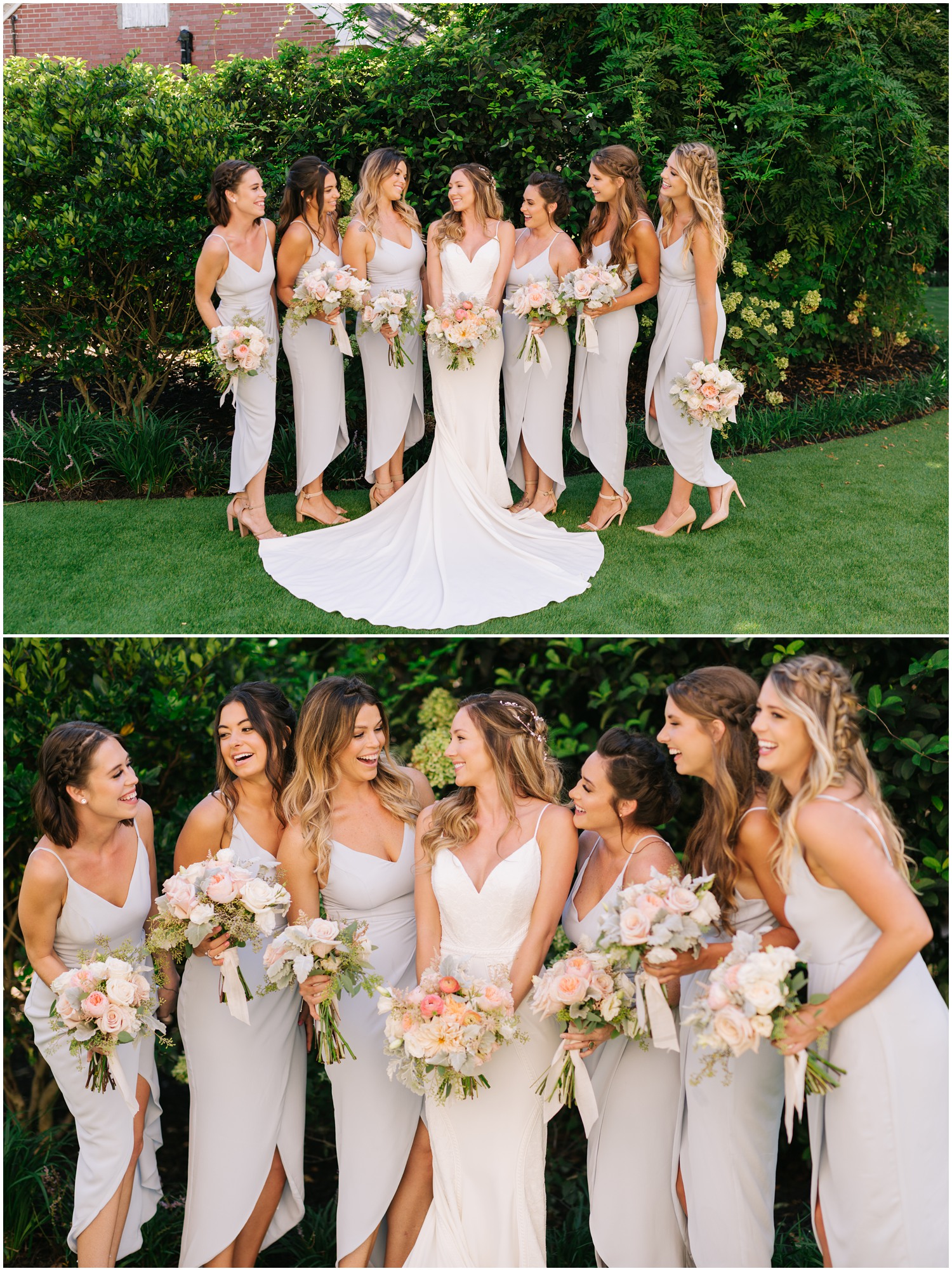 bride poses with bridesmaids in dusty blue gowns with pastel bouquets