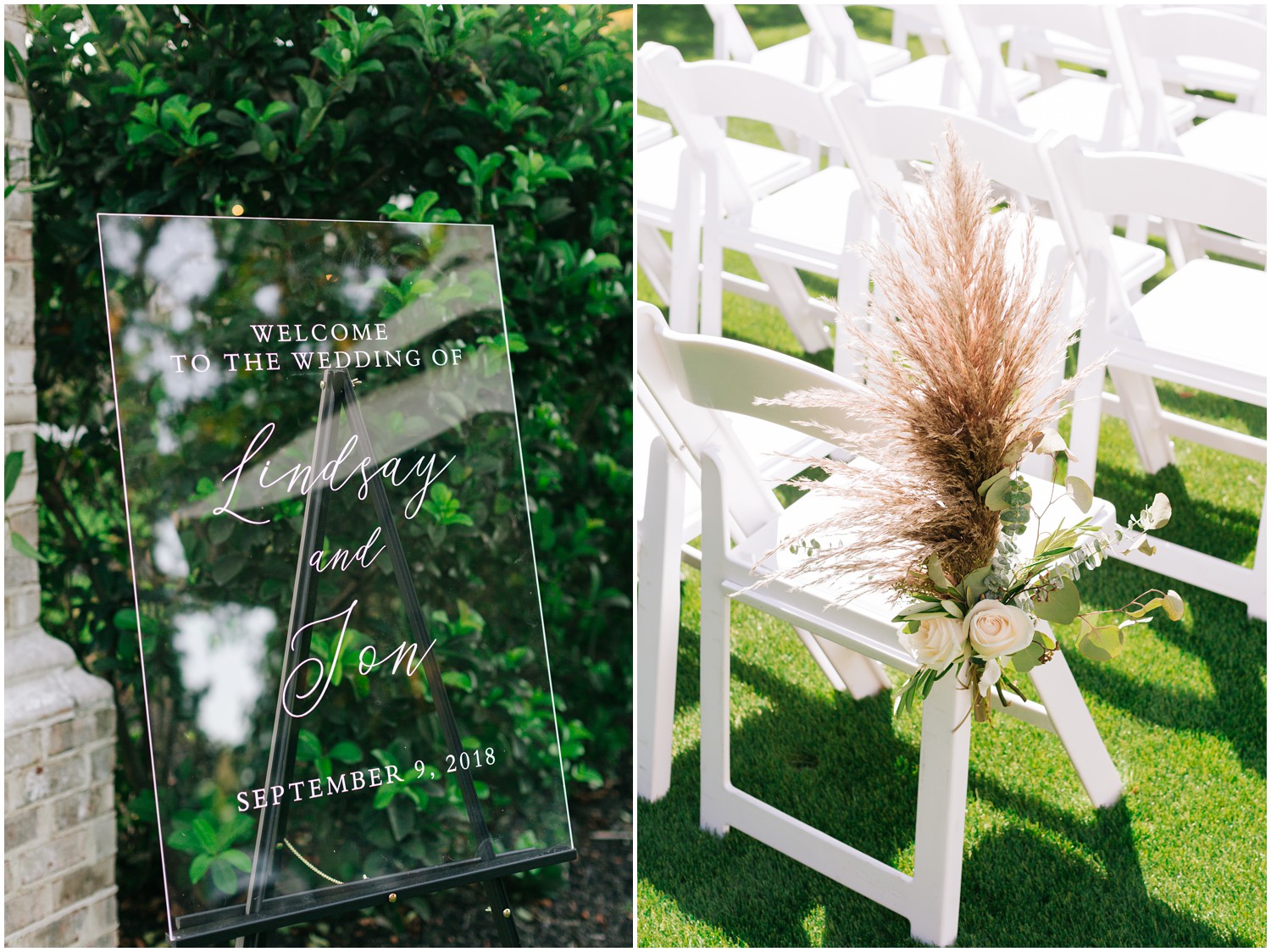 modern glass sign and seat decor for Wrightsville Manor ceremony