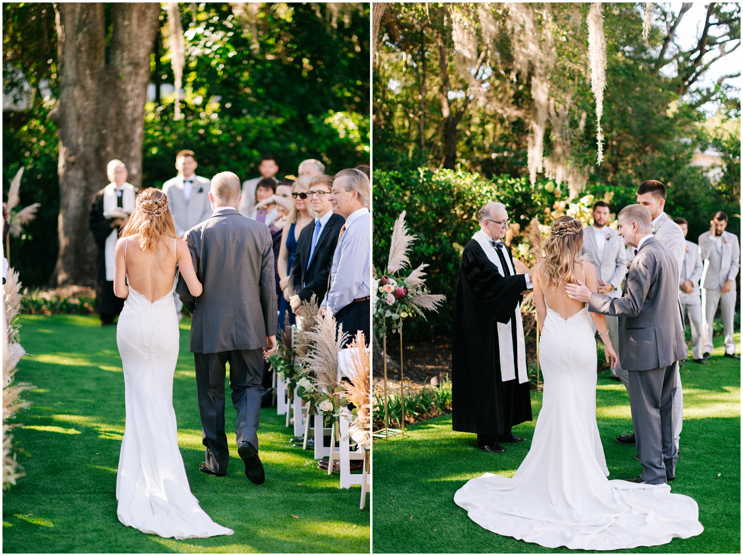 father walks bride to wedding ceremony at Wrightsville Manor