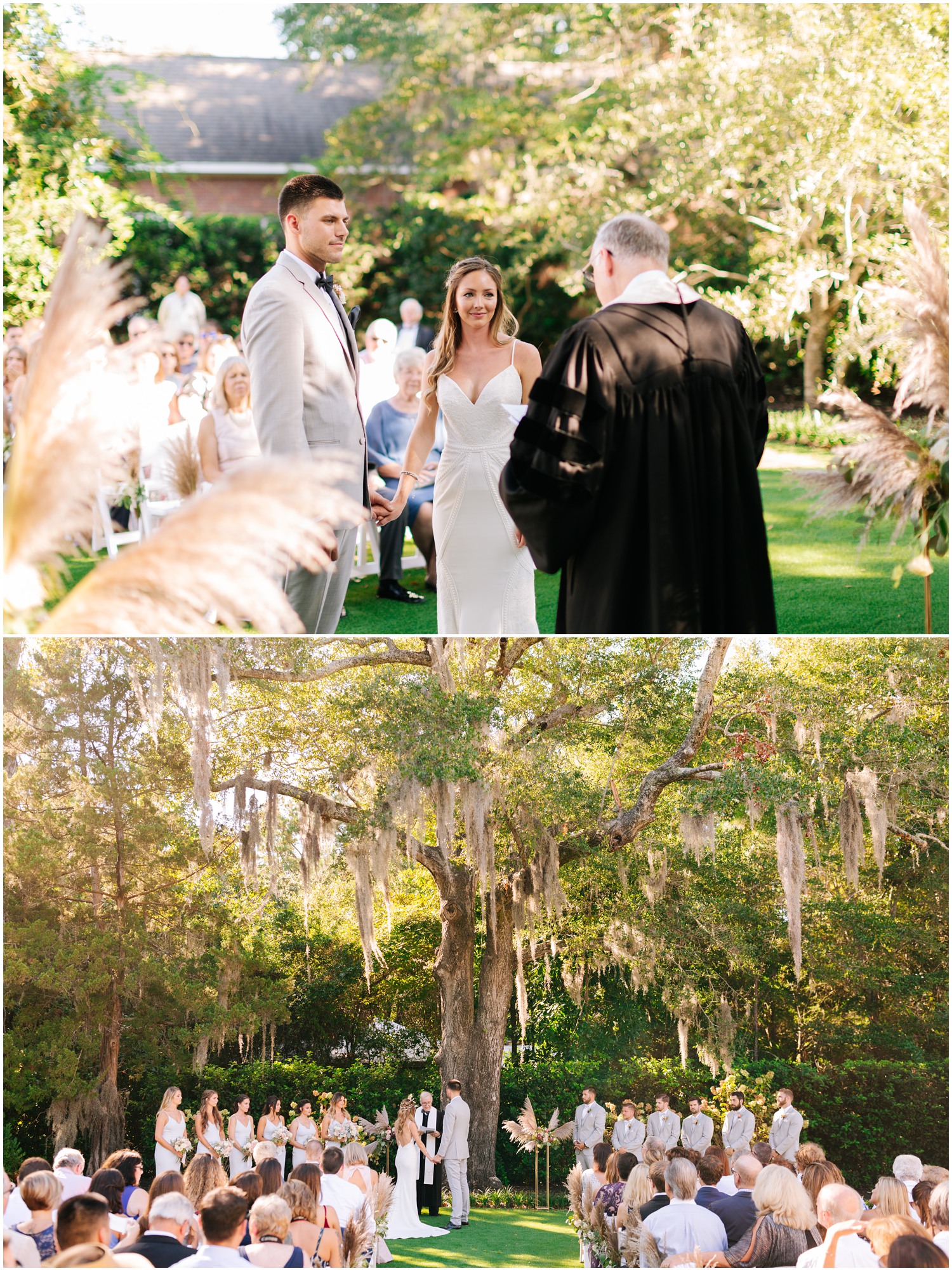 bride and groom exchange vows under Spanish moss at Wrightsville Manor