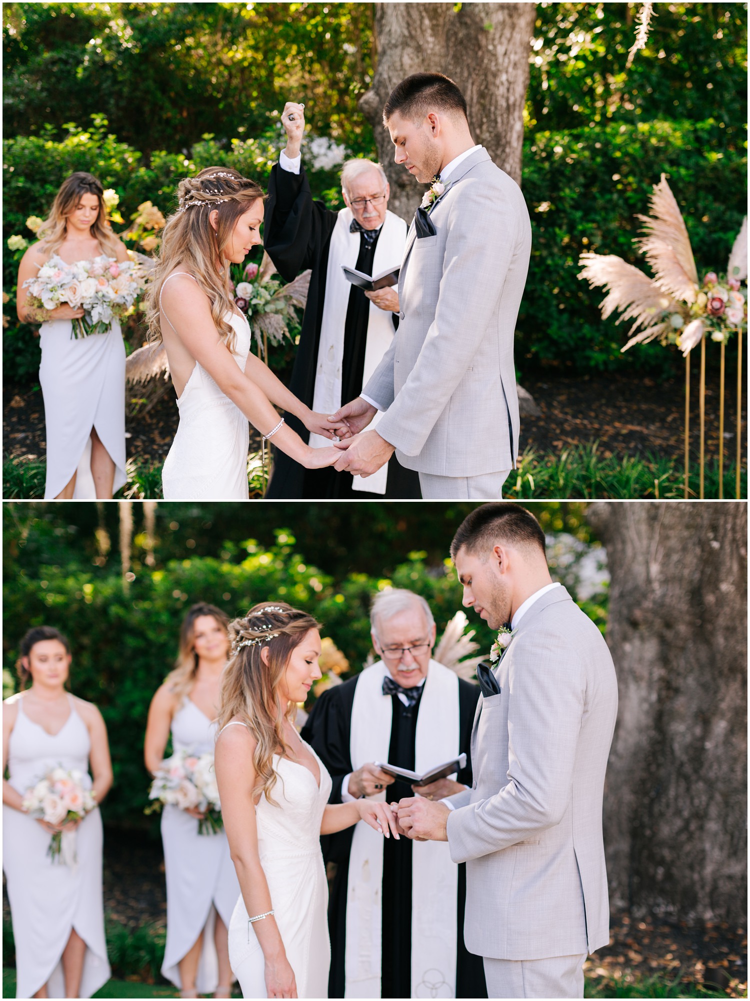 officiant prays over newlyweds in gardens at Wrightsville Manor