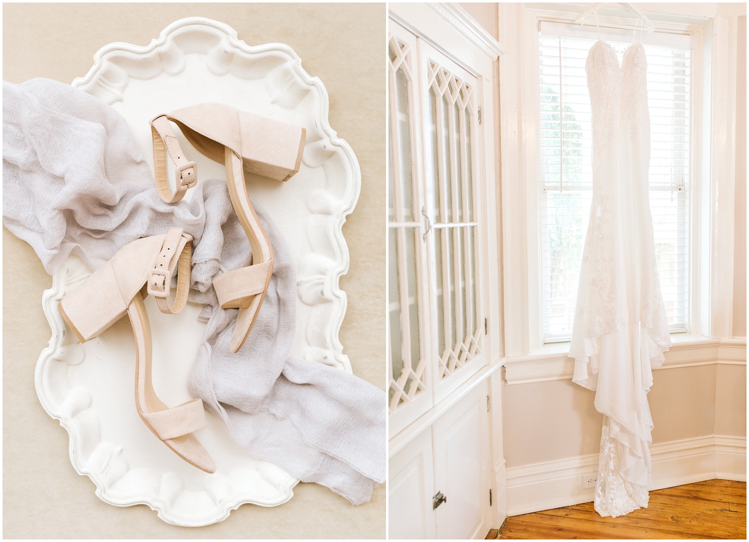 ivory shoes for bride while dress hangs in window