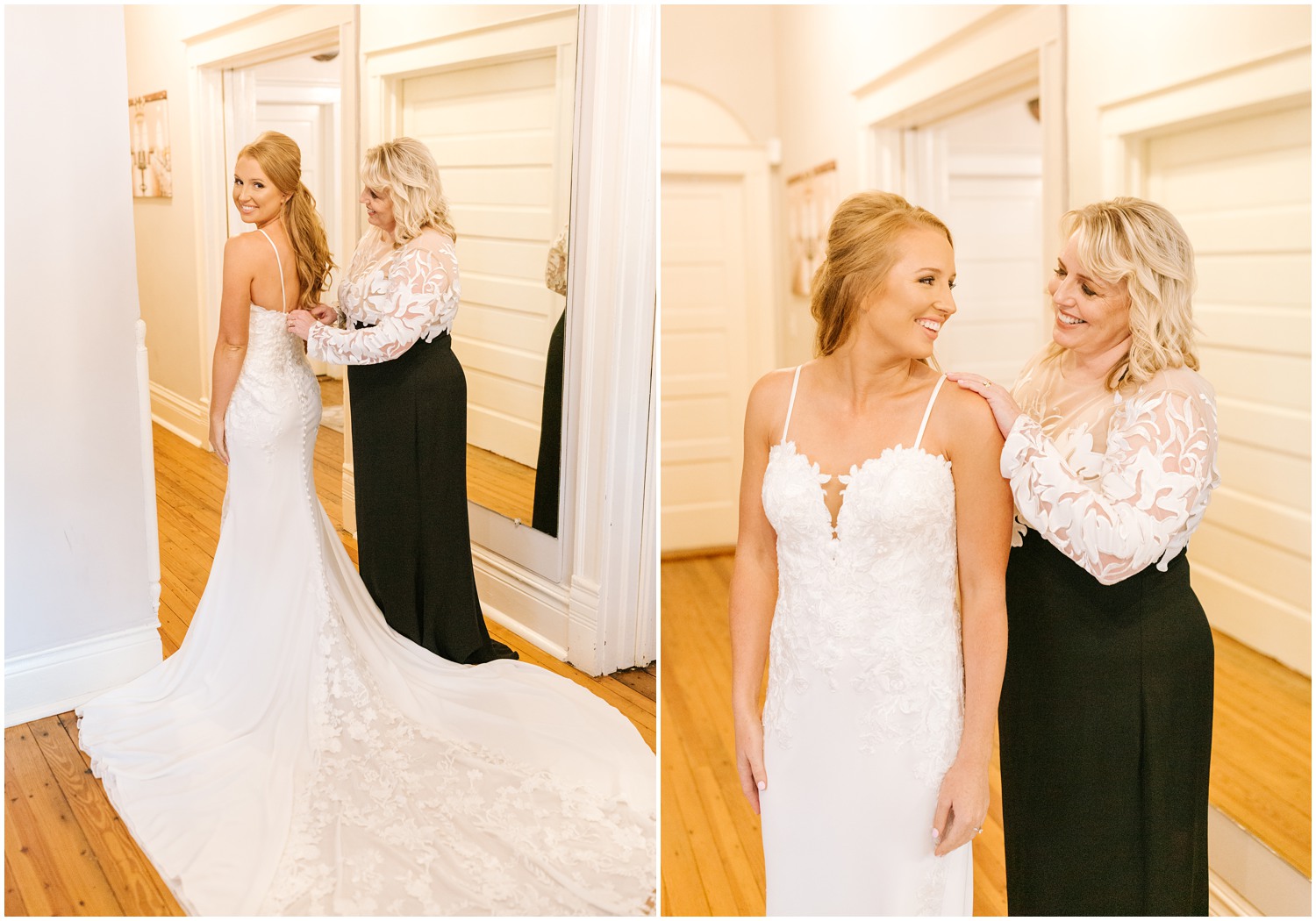 mom helps bride with wedding dress in North Carolina