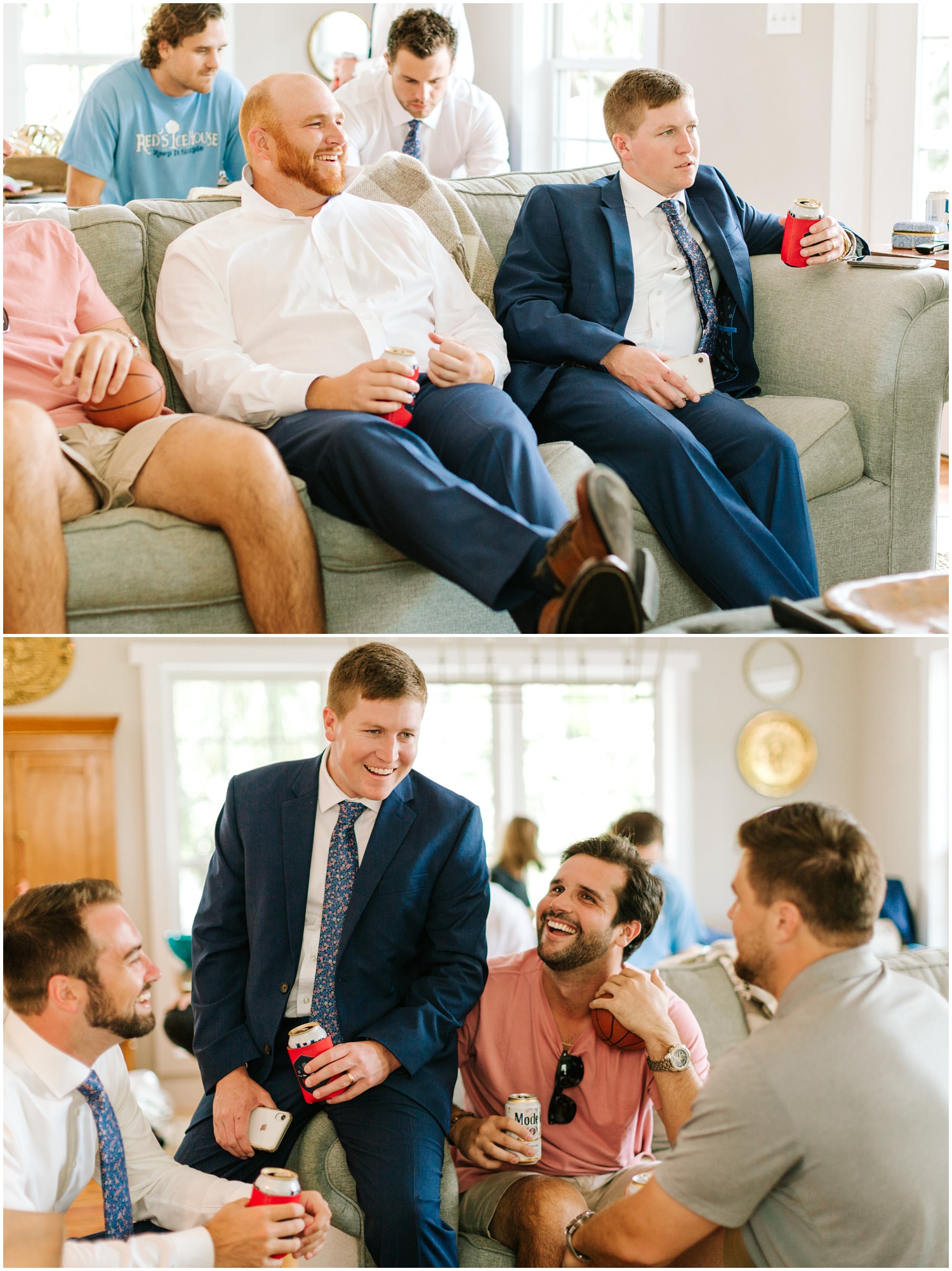 groomsmen relax on morning of wedding in Wilmington NC