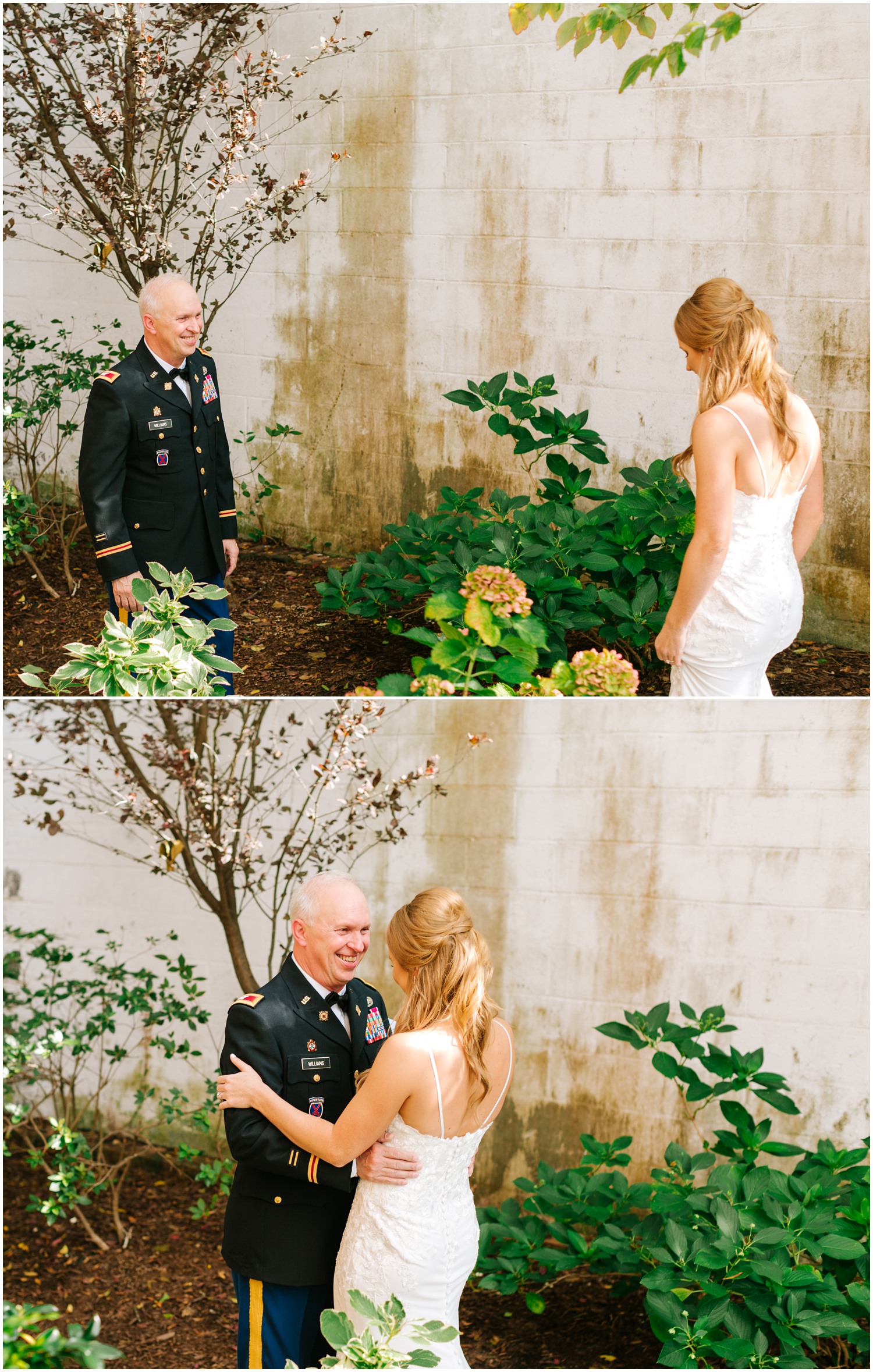 first look between dad and bride before Brooklyn Arts Center wedding