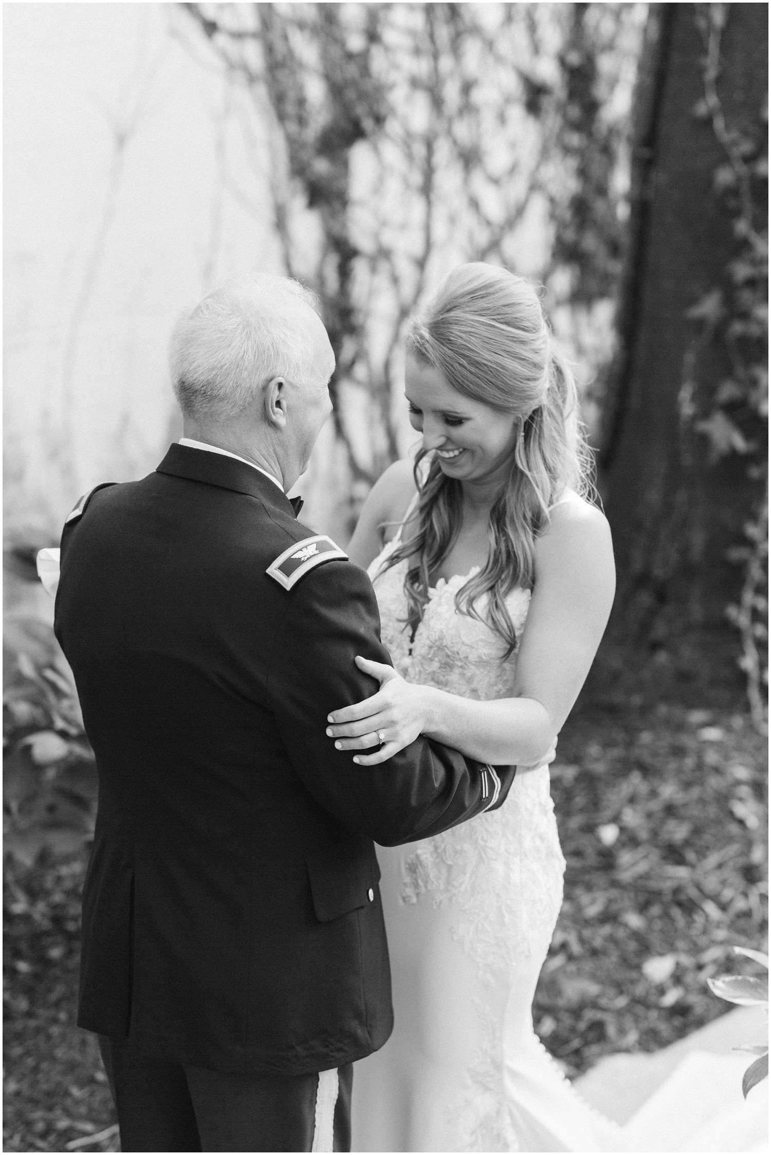 bride has first look with father on morning of wedding