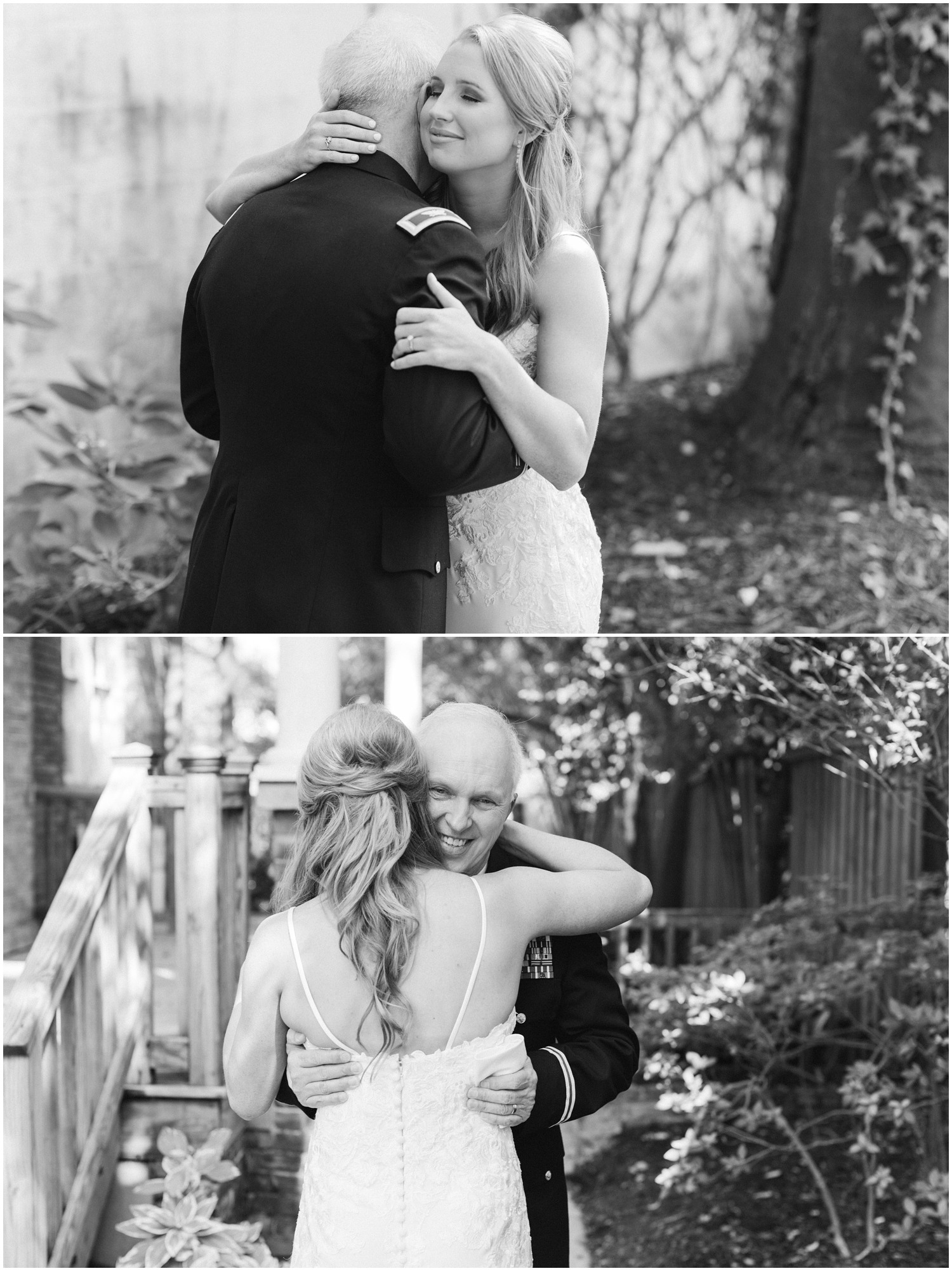 bride and dad hug during first look on wedding day