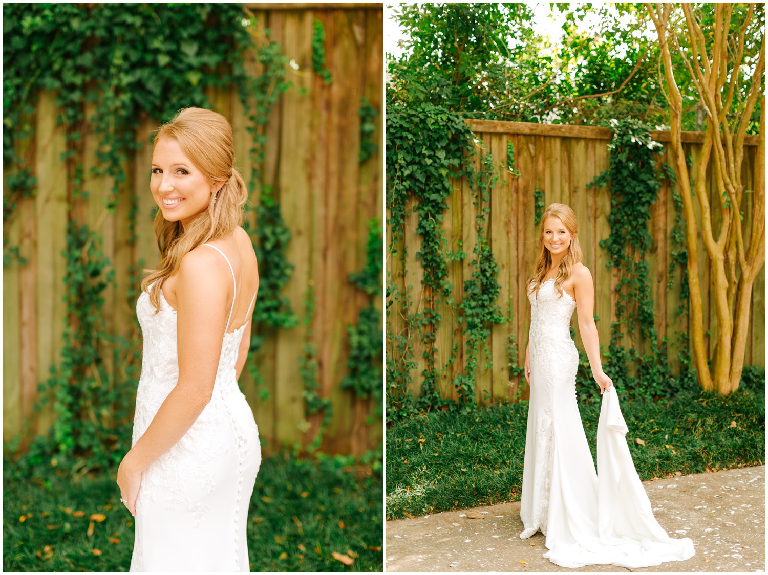 bridal portraits in Wilmington NC with bride holding train of dress