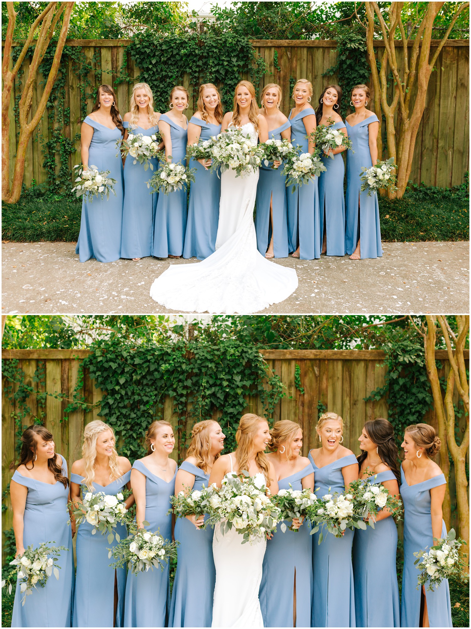 bridesmaids in dusty blue gowns hold bouquets with white flowers before fall wedding