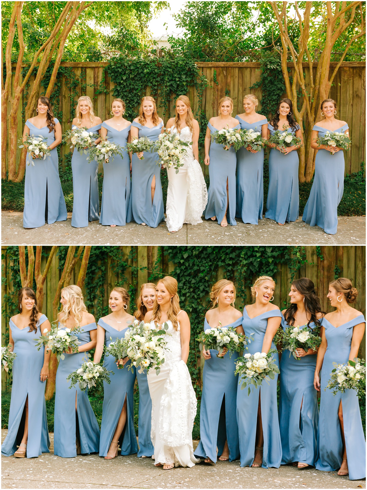 bridesmaids in blue dresses walk with bride before Brooklyn Arts Center wedding 