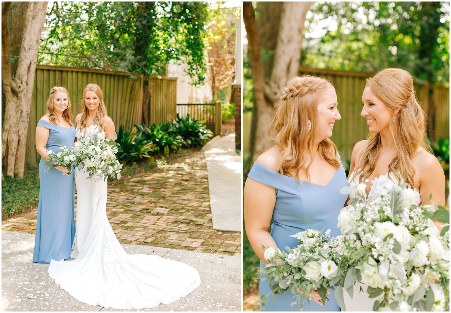 bride smiles with bridesmaid in blue dress