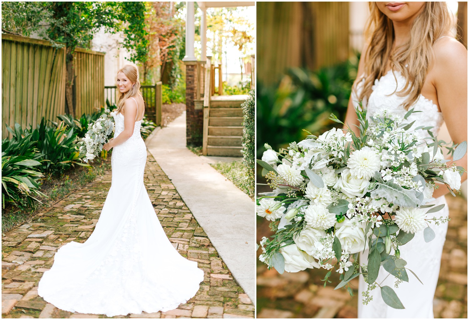 NC wedding day portraits of bride with white bouquet 