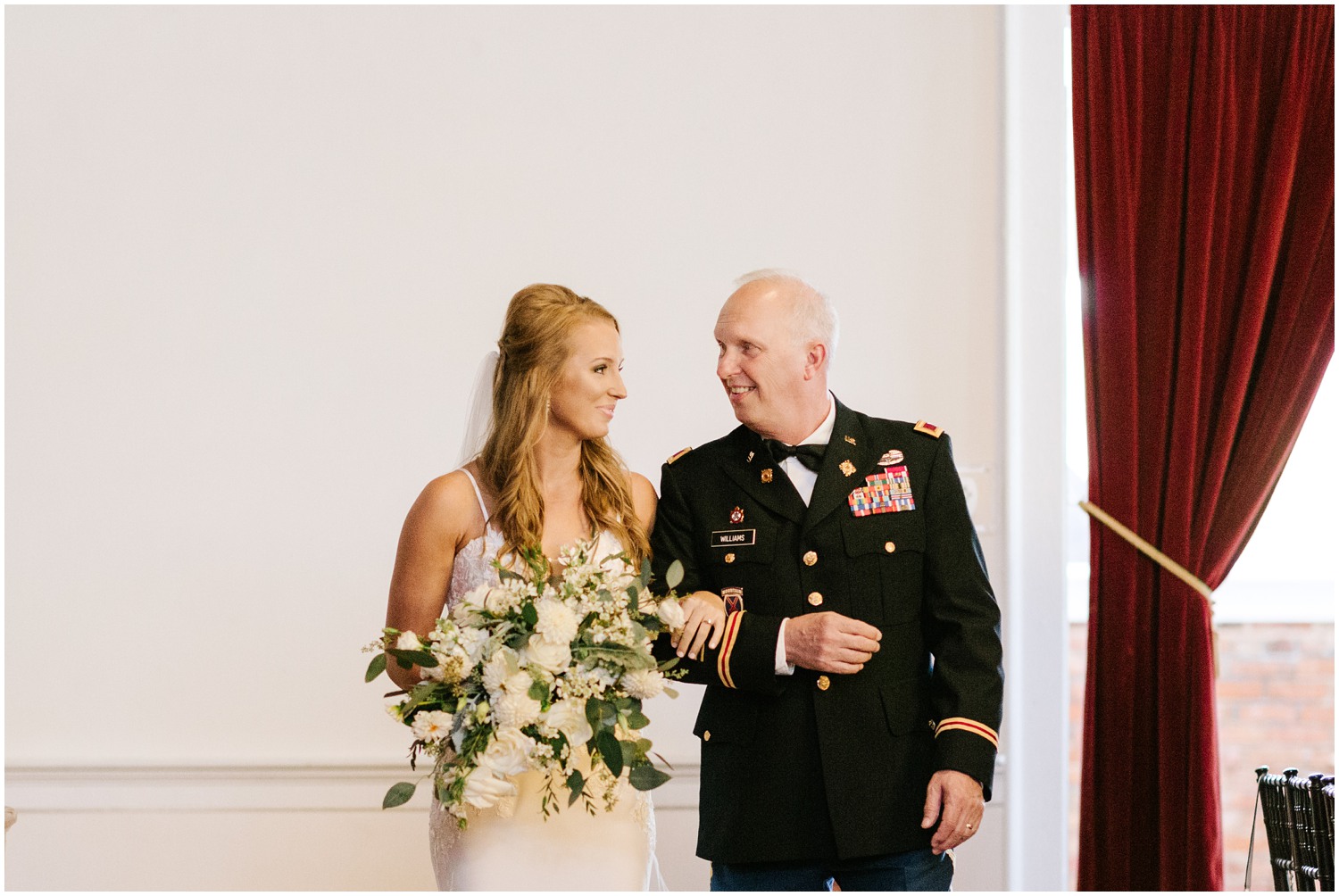 bride and dad pause before walking up aisle at Brooklyn Arts Center