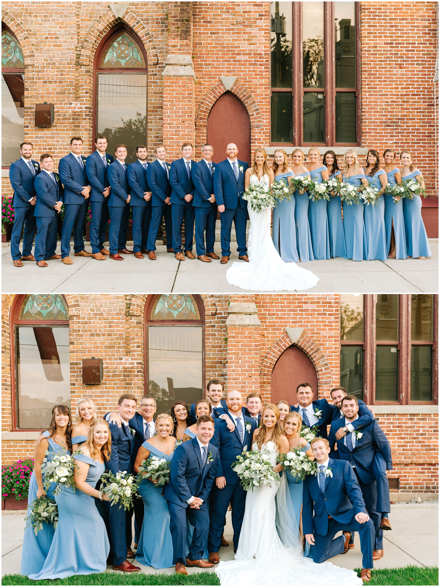 wedding party poses outside Brooklyn Arts Center for fall wedding portraits