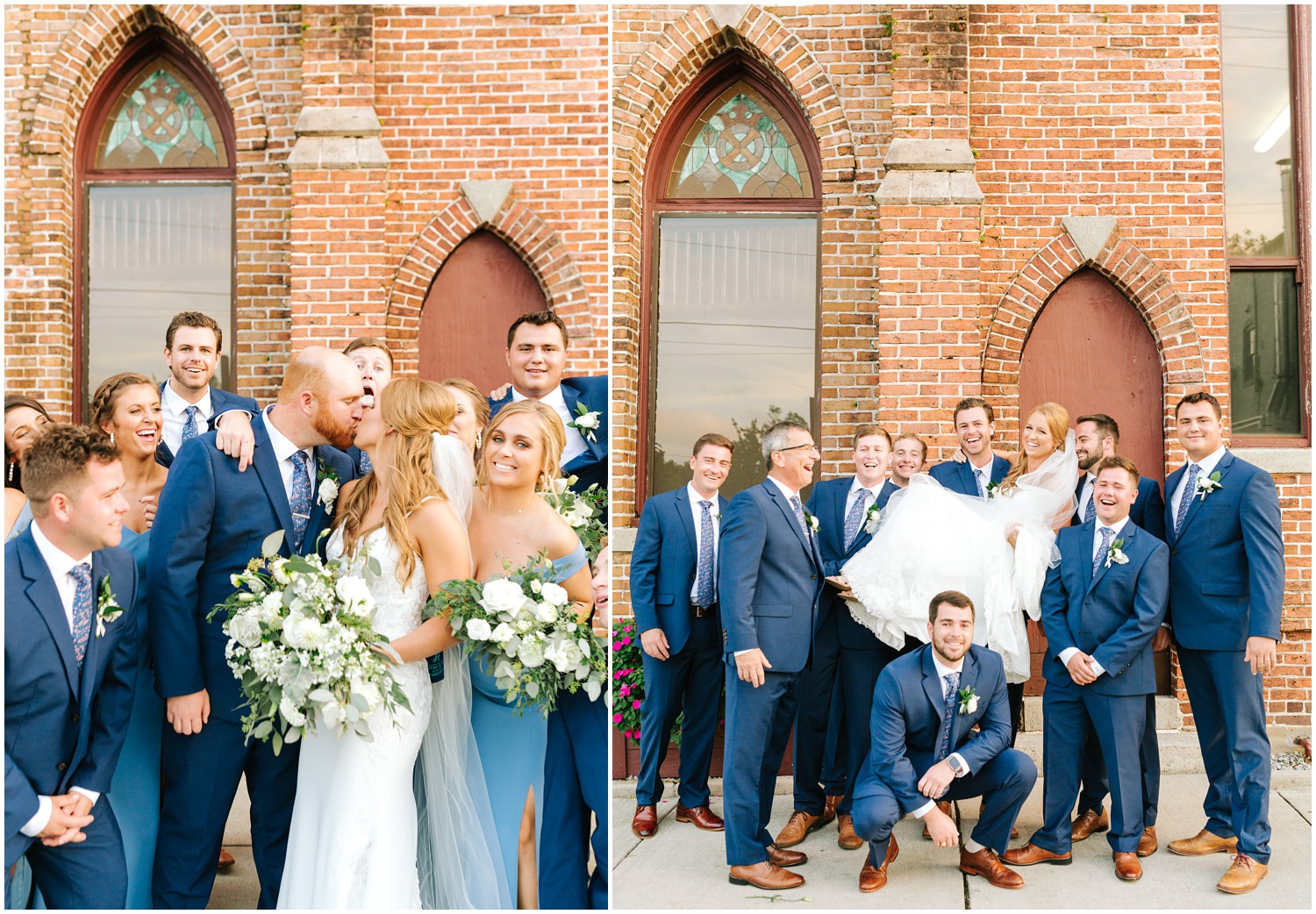 groomsmen lift bride up during portraits at Brooklyn Arts Center