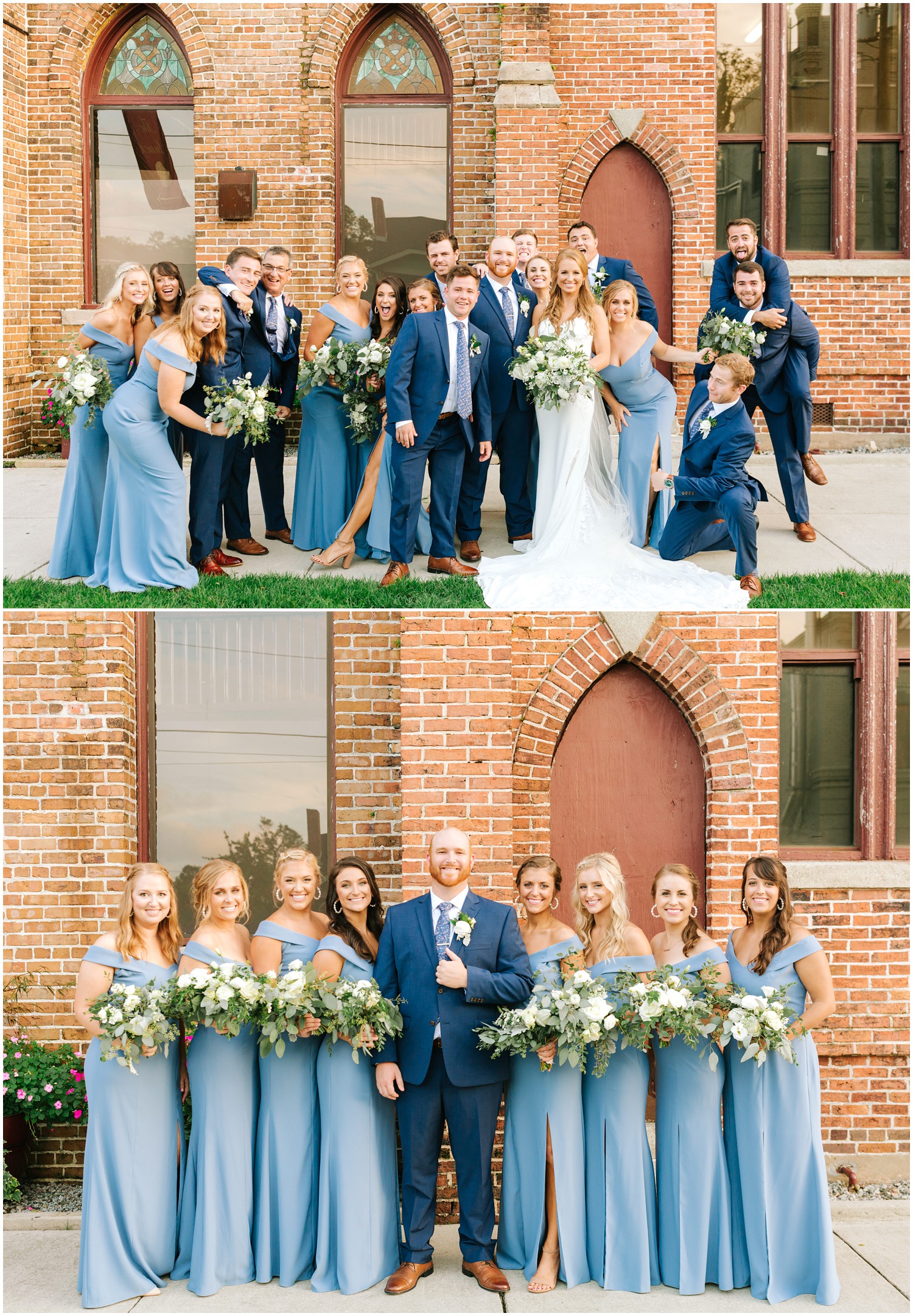 bride and groom pose with wedding party in blue gowns and blue suits outside Brooklyn Arts Center