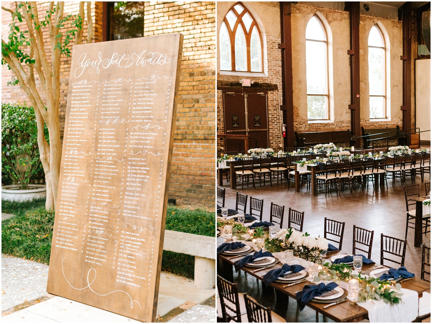 Brooklyn Arts Center wedding reception seating chart on large slab of wood