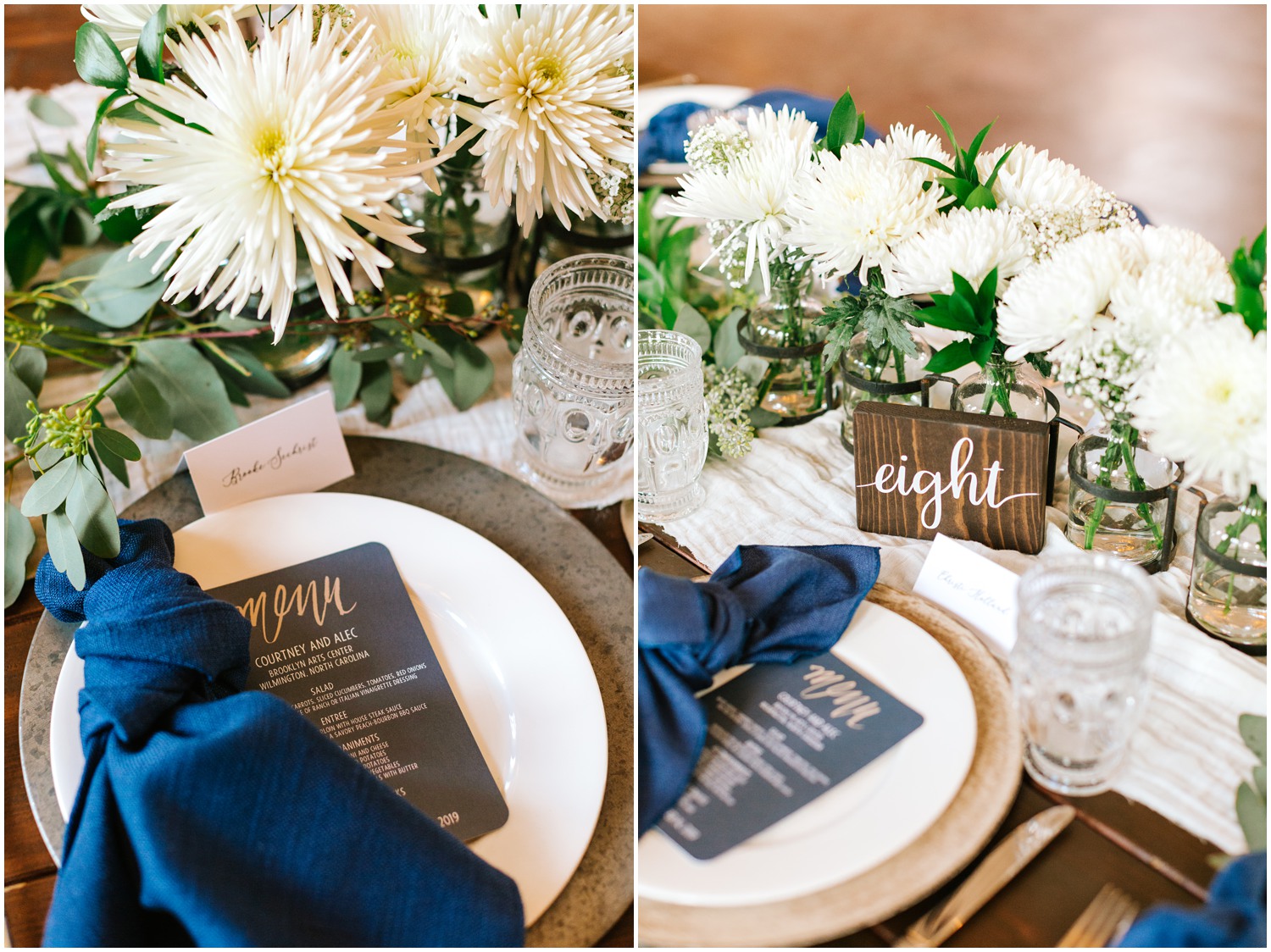 simple floral centerpieces with vintage glasses for Brooklyn Arts Center reception