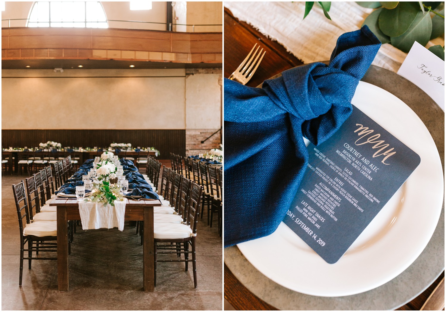 navy and ivory wedding reception table details