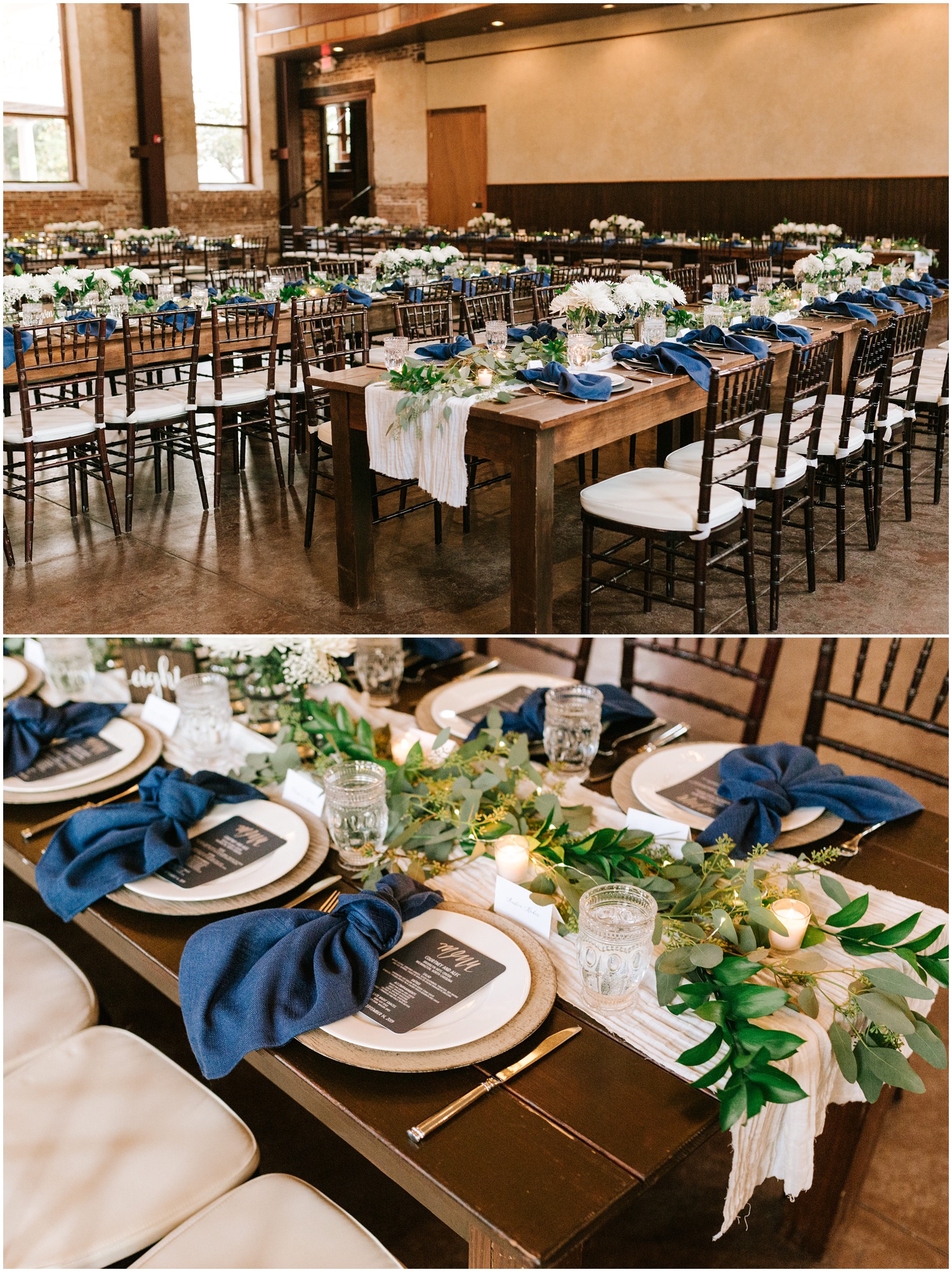 NC wedding reception with ivory fabric table runner and navy napkins