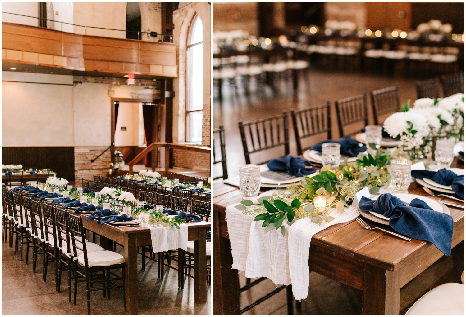 Brooklyn Arts Center wedding reception with navy and ivory details