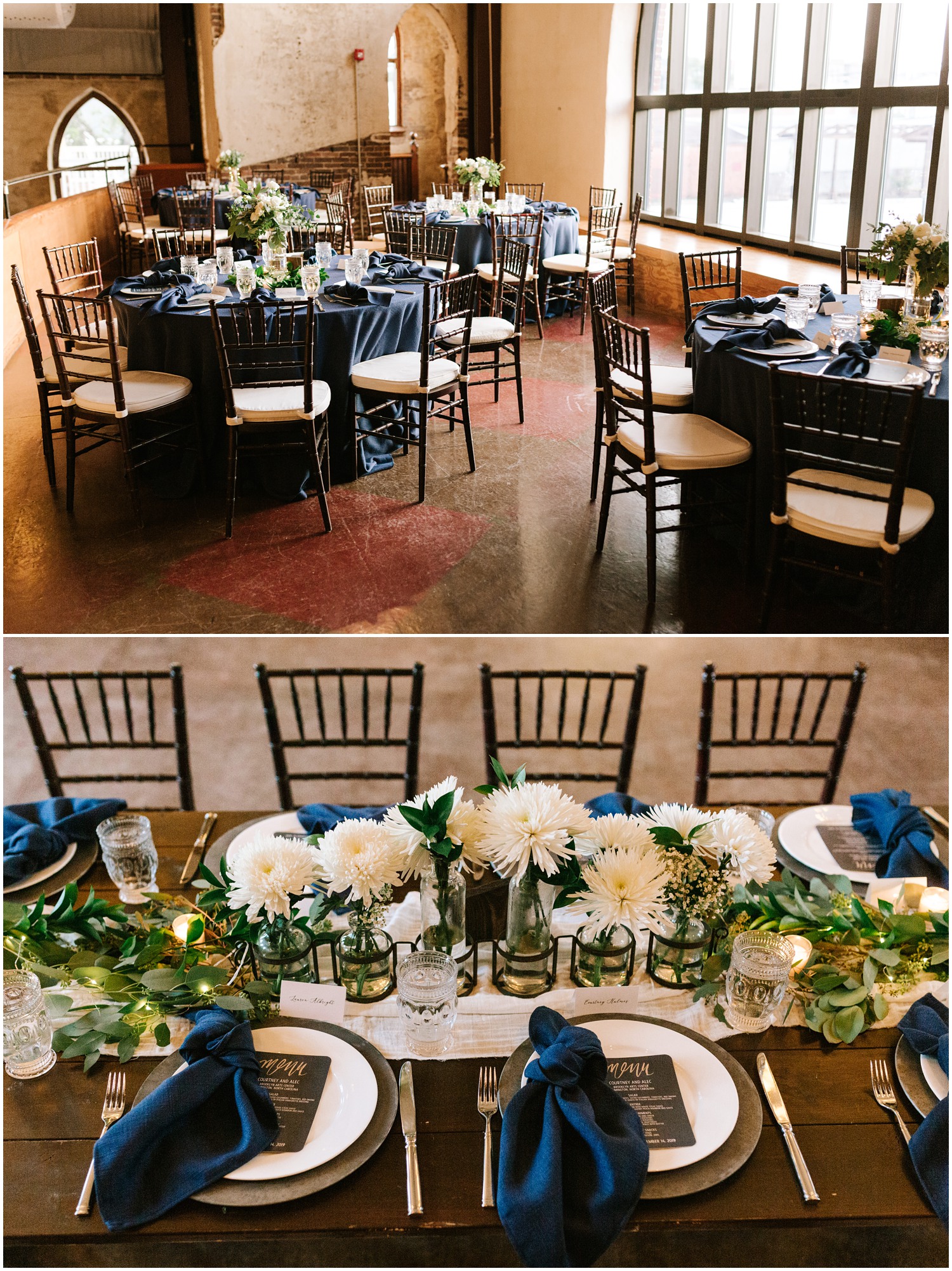 navy and white wedding reception place setting with white flower centerpieces 