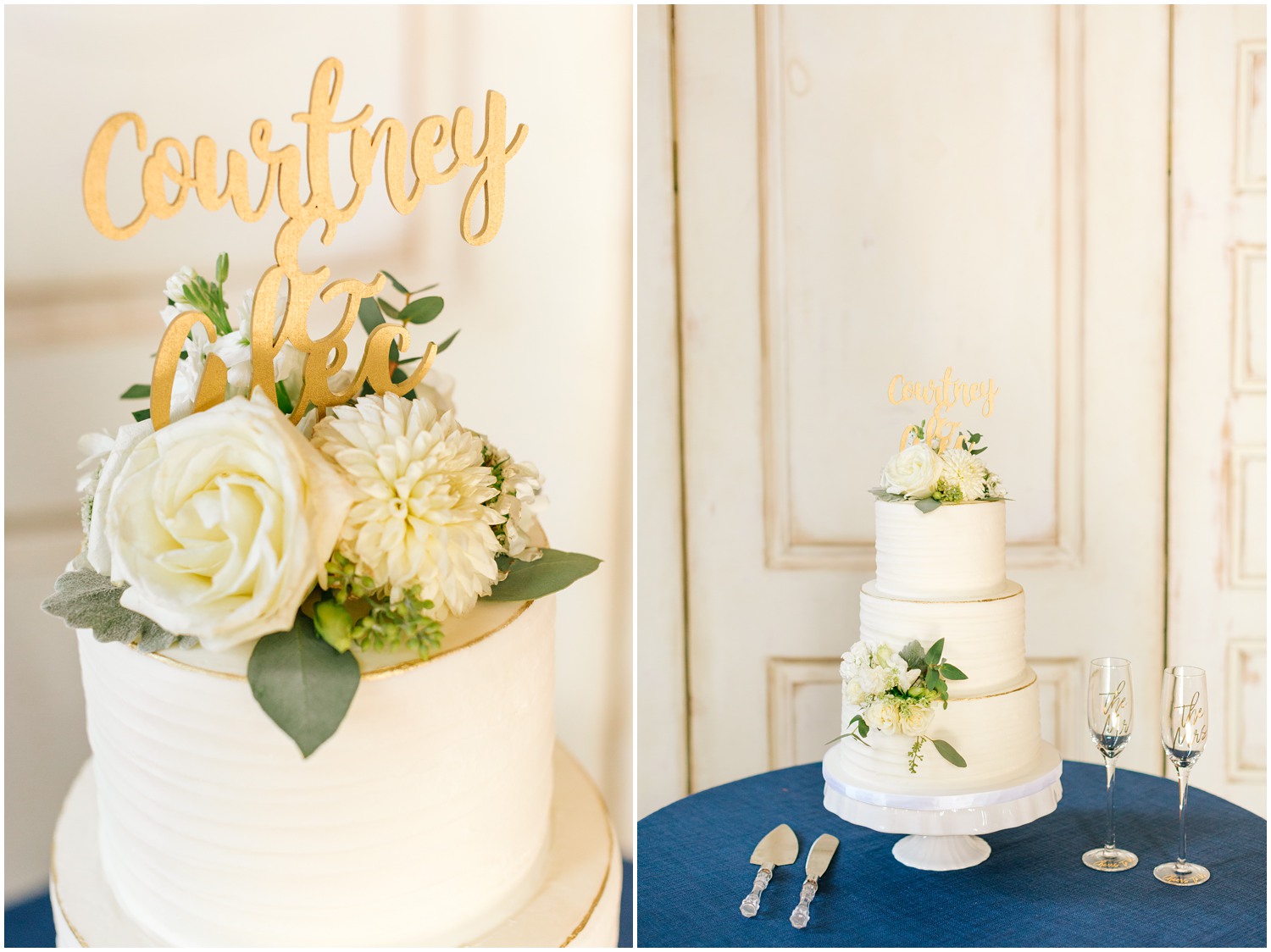 tiered wedding cake with gold topper for Wilmington NC wedding reception