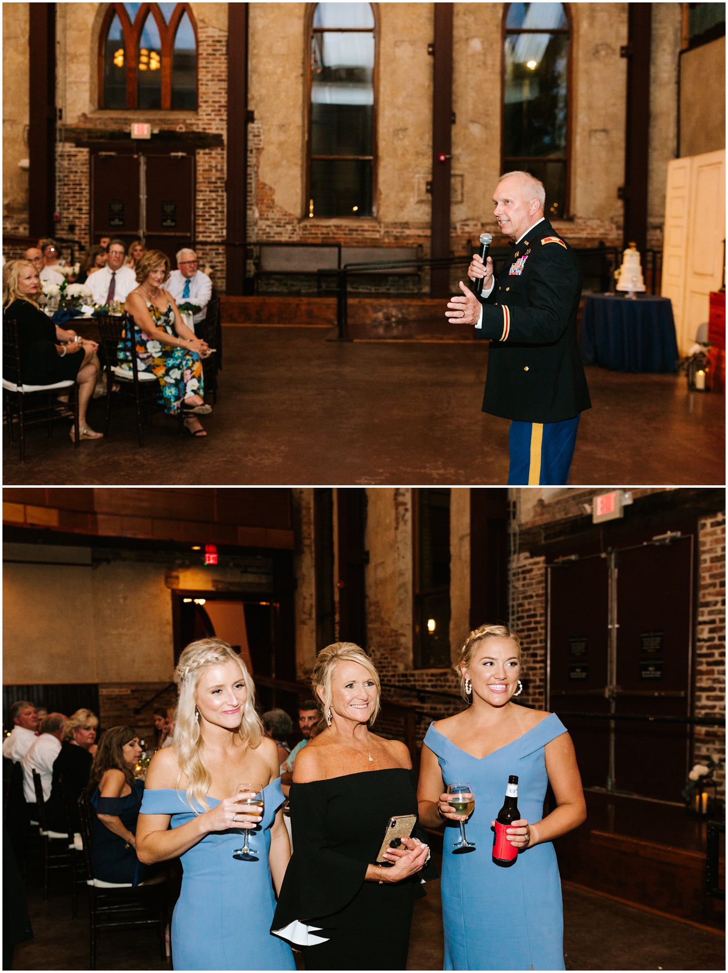 family listens to wedding toasts during Wilmington NC wedding reception