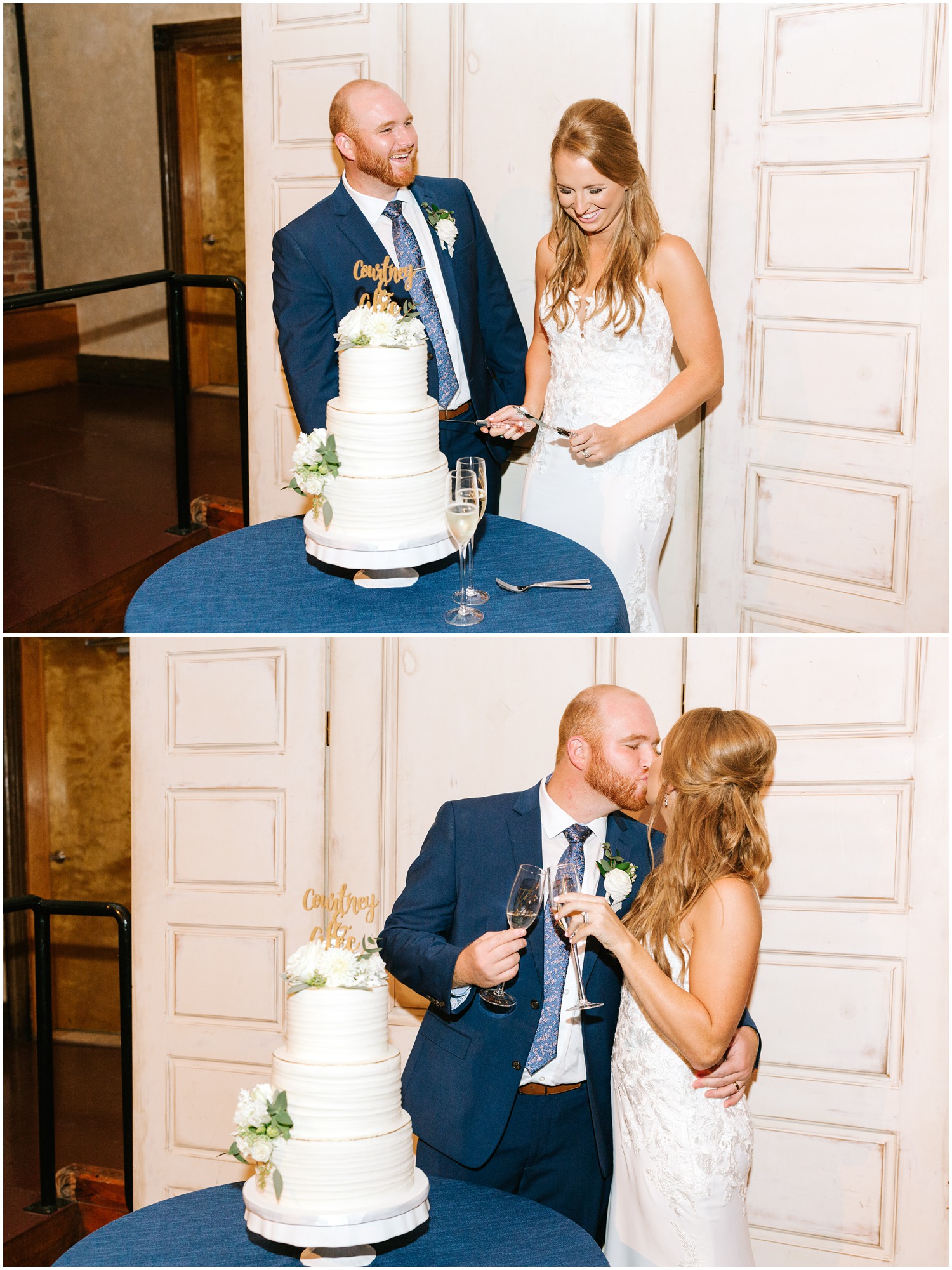 cake cutting with bride and groom during Wilmington NC wedding reception