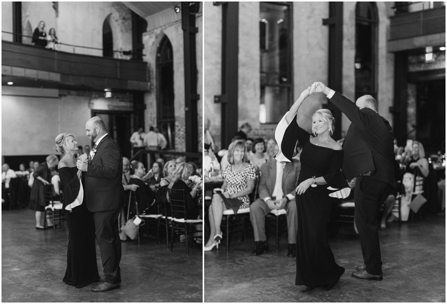 groom and mom dance during wedding reception at Brooklyn Arts Center