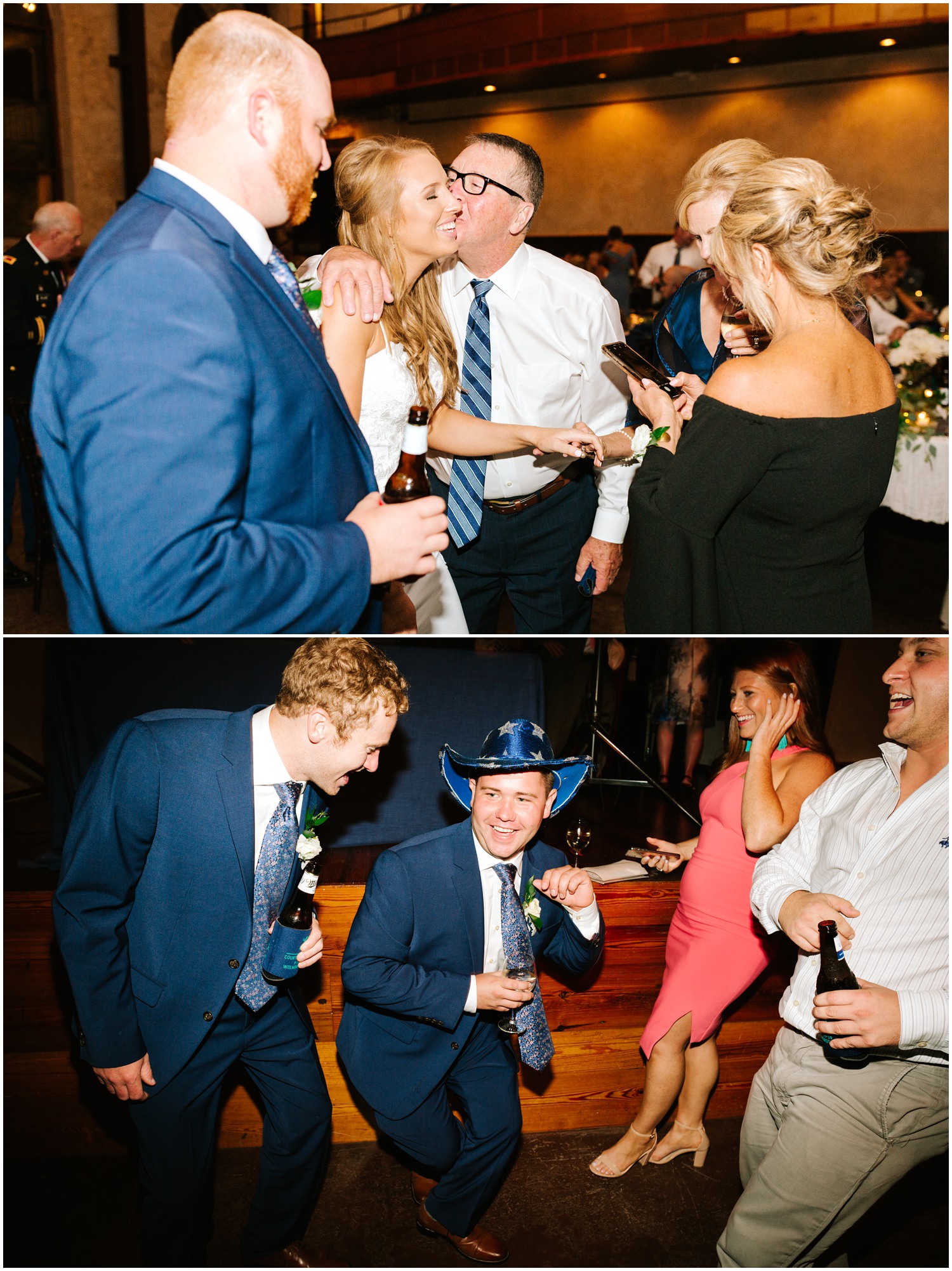 family congratulates bride and groom during wedding reception