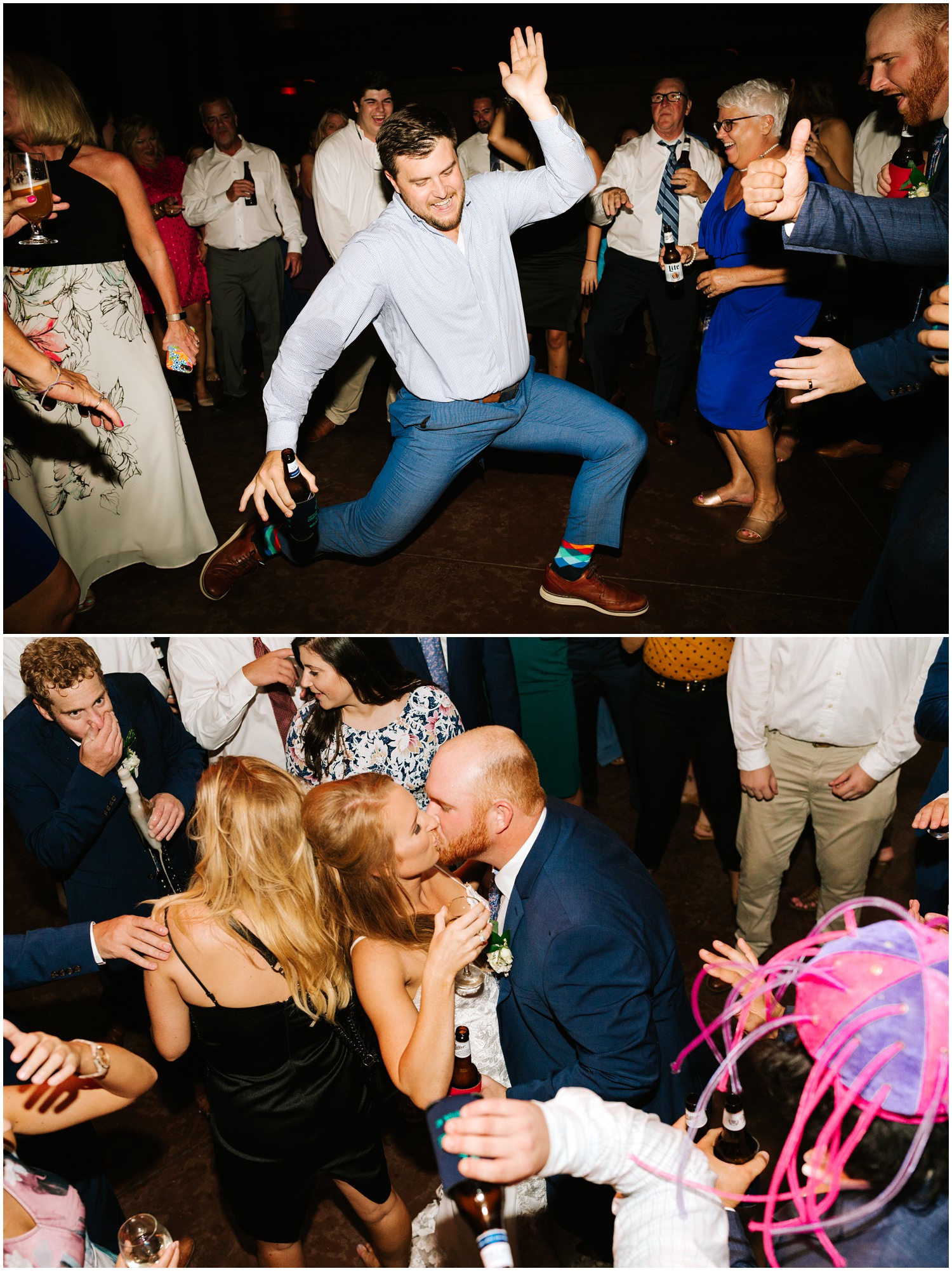 bride and groom kiss on dance floor during wedding reception