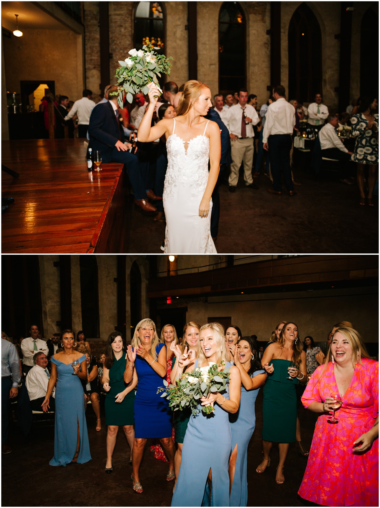 bride tosses bouquet during Wedding reception in Wilmington NC at Brooklyn Arts Center