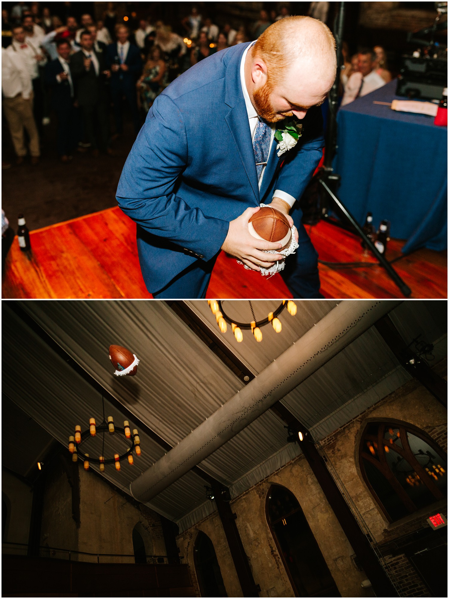 groom tosses garter on football during Wedding reception in Wilmington NC at Brooklyn Arts Center