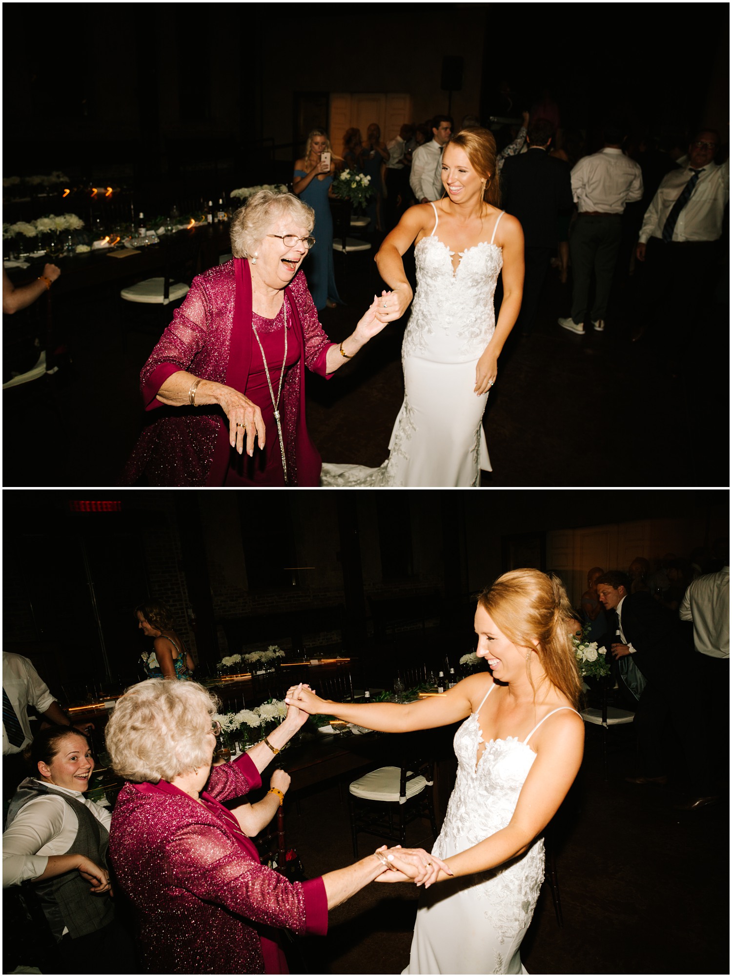 bride dances with grandma at Wedding reception in Wilmington NC at Brooklyn Arts Center