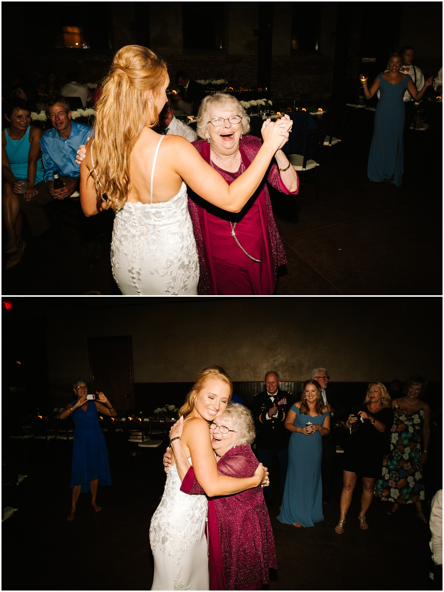 bride and grandma dance during Wedding reception in Wilmington NC at Brooklyn Arts Center