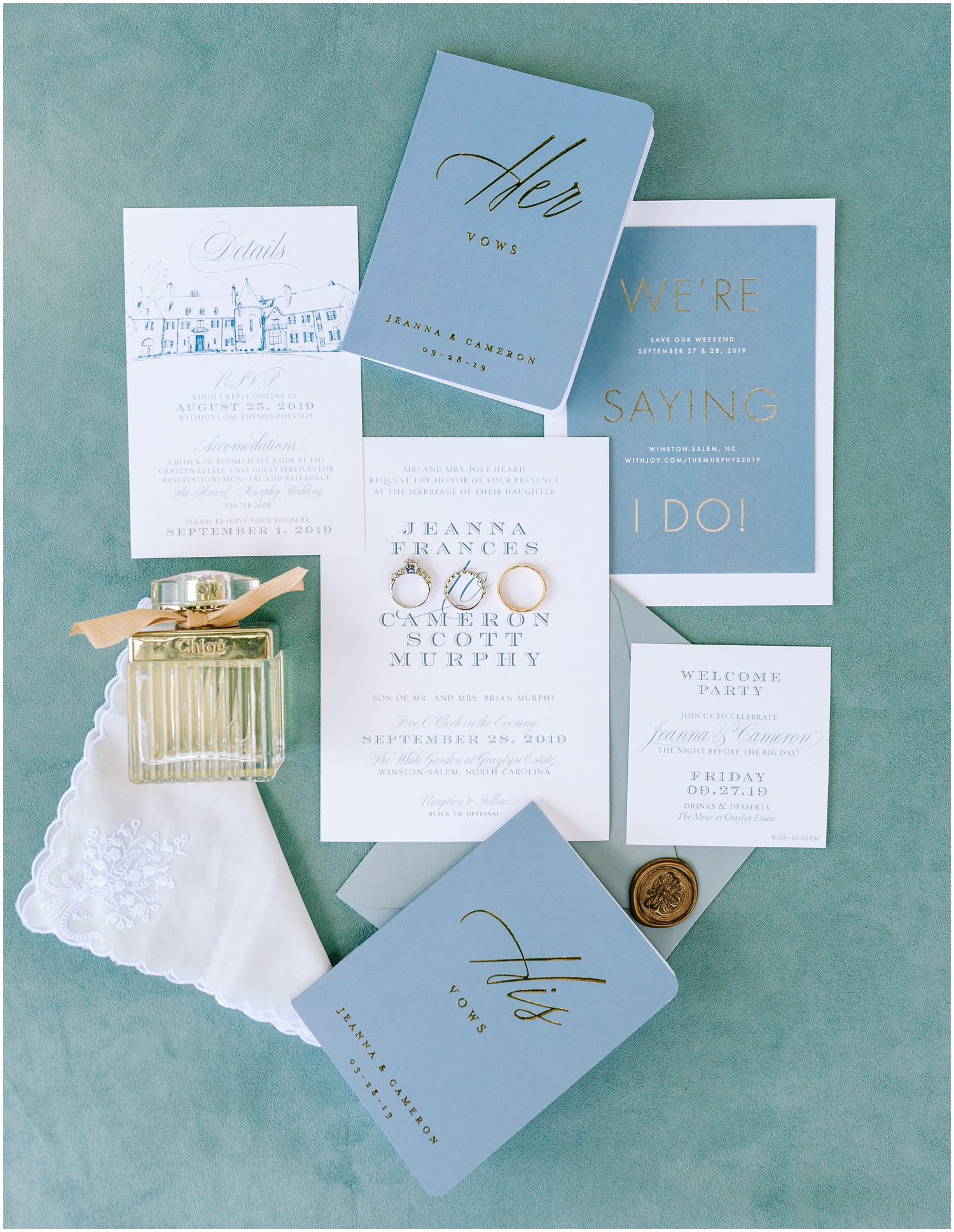 Graylyn Estate wedding invitation suite with blue, gold, and ivory details