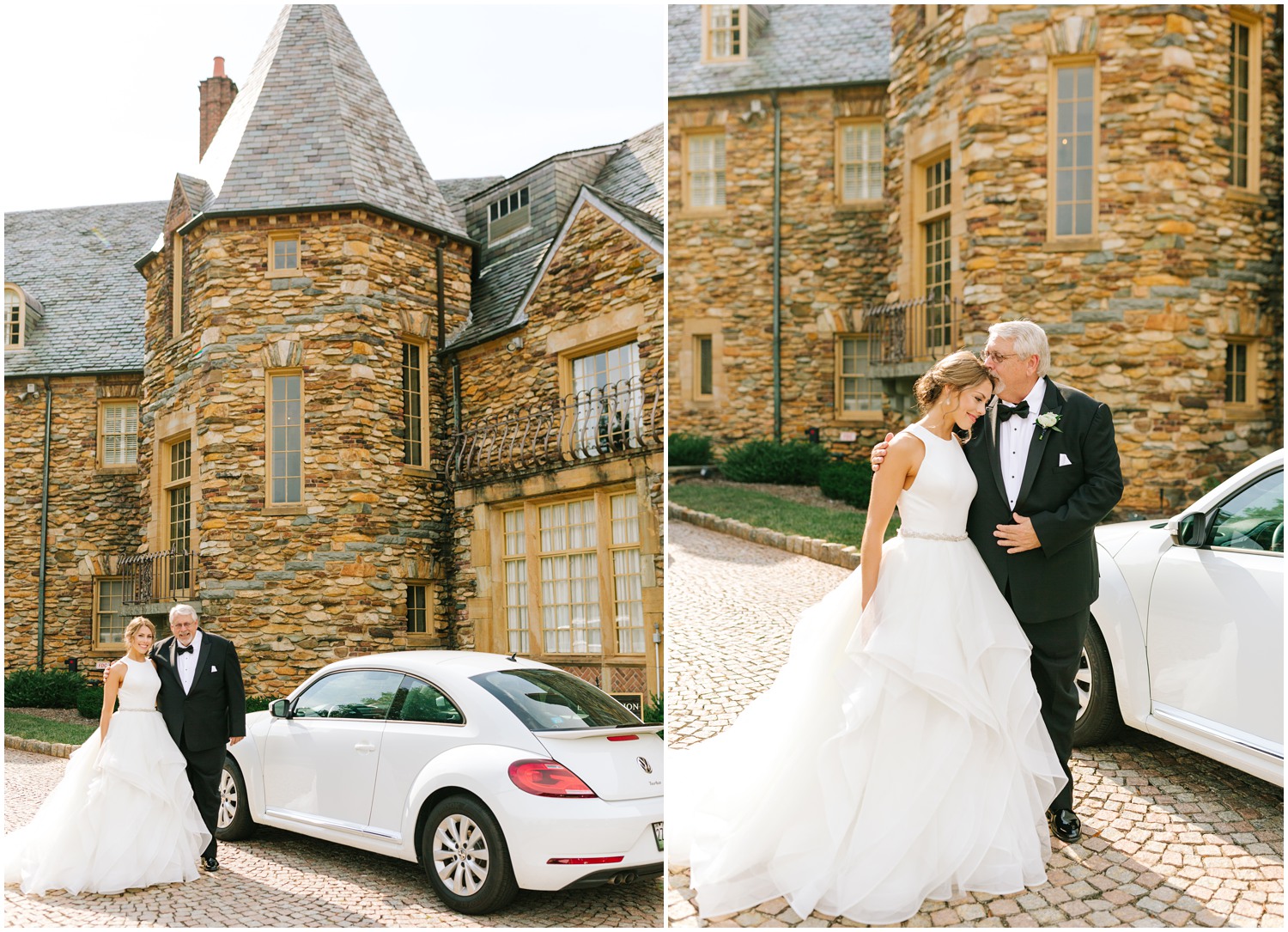 bride and father pose by VW Bug at Graylyn Estate